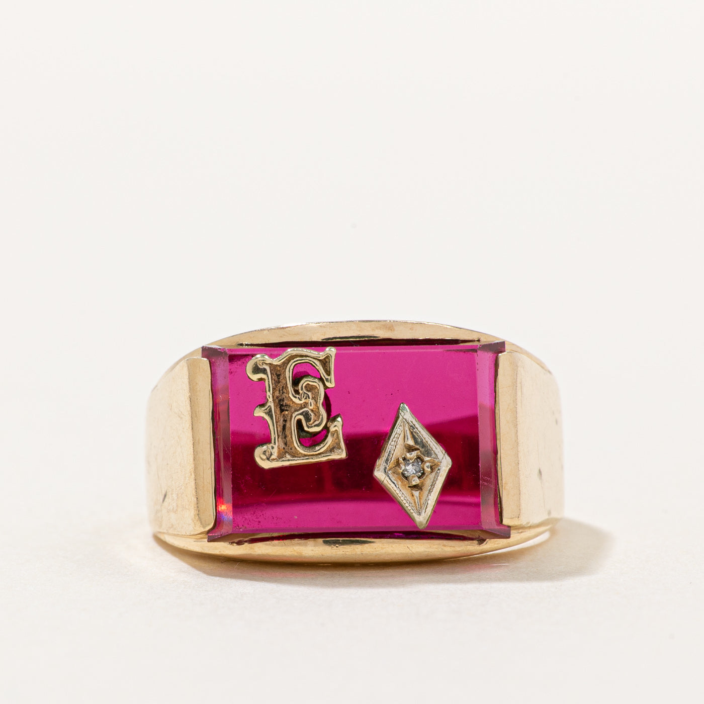 Synthetic Ruby & Diamond 'E' Initial Ring | 7.00ct, 0.005ct | SZ 9 |
