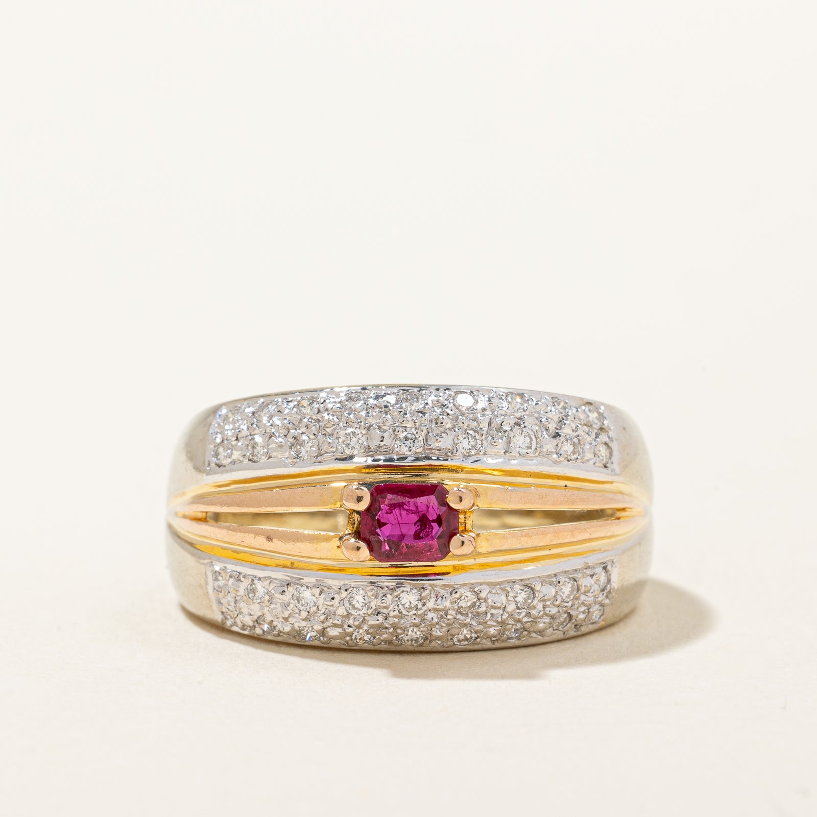 Radiant Cut Ruby & Diamond Two Tone Gold Ring | 0.28ct, 0.28ctw | SZ 7