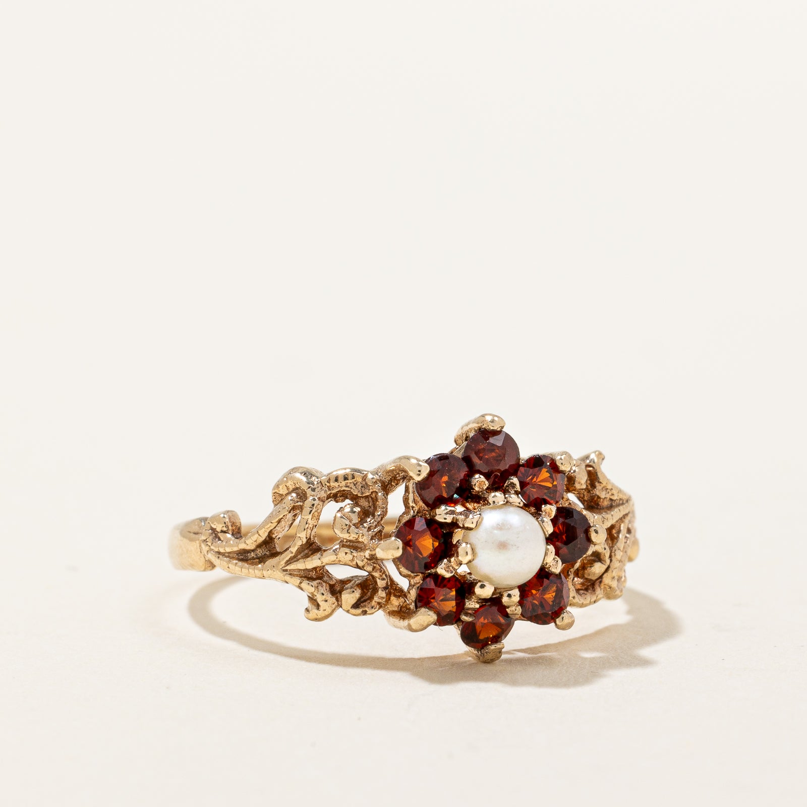 1975 Birmingham Garnet & Seed Pearl Flower Ring | 0.50ctw | SZ 7.5 |