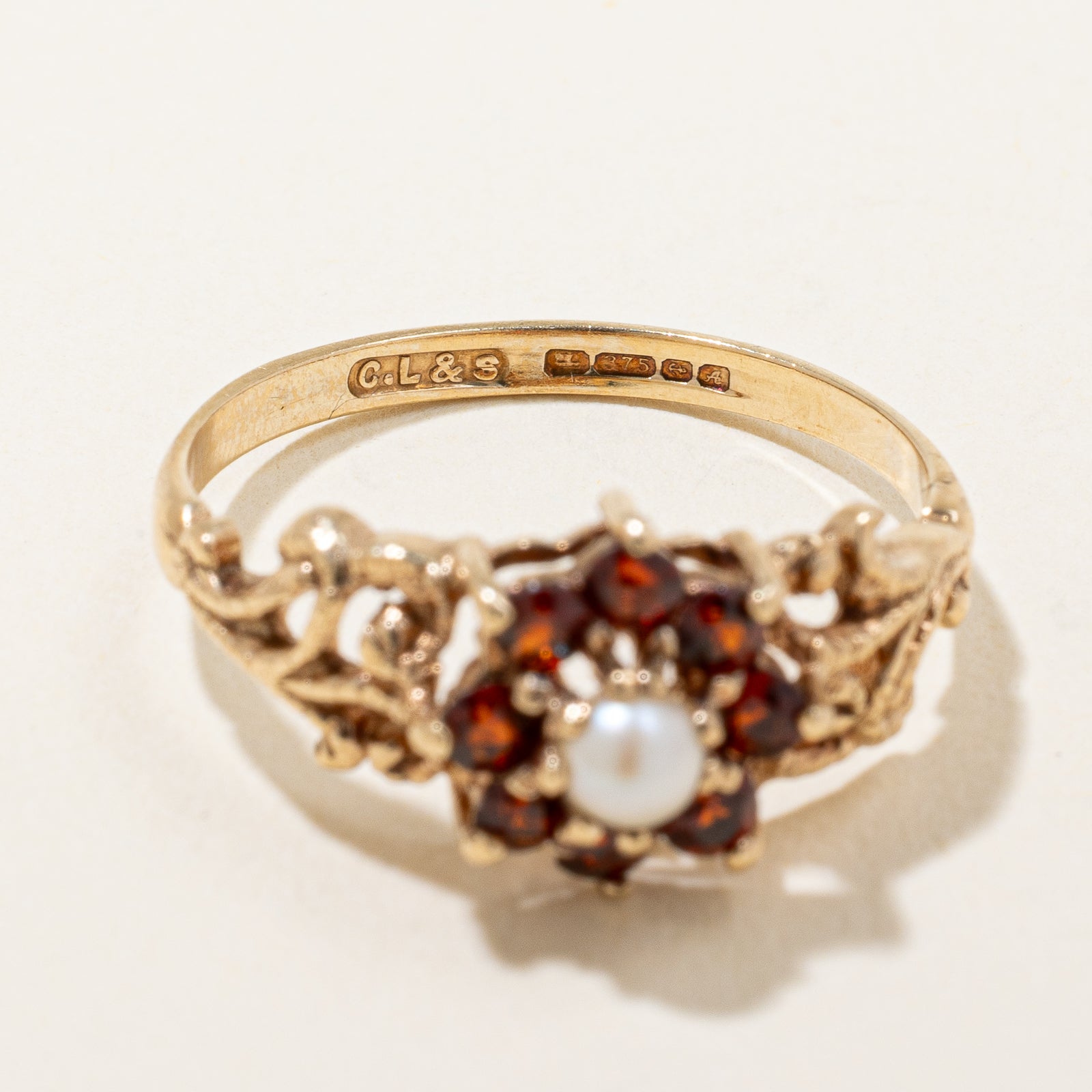 1975 Birmingham Garnet & Seed Pearl Flower Ring | 0.50ctw | SZ 7.5 |