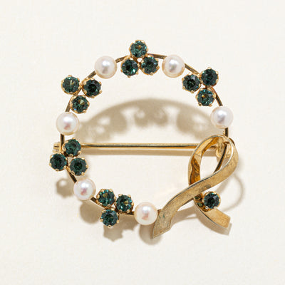 Synthetic Spinel & Cultured Pearl Wreath Brooch | 1.00ctw, 3.50mm