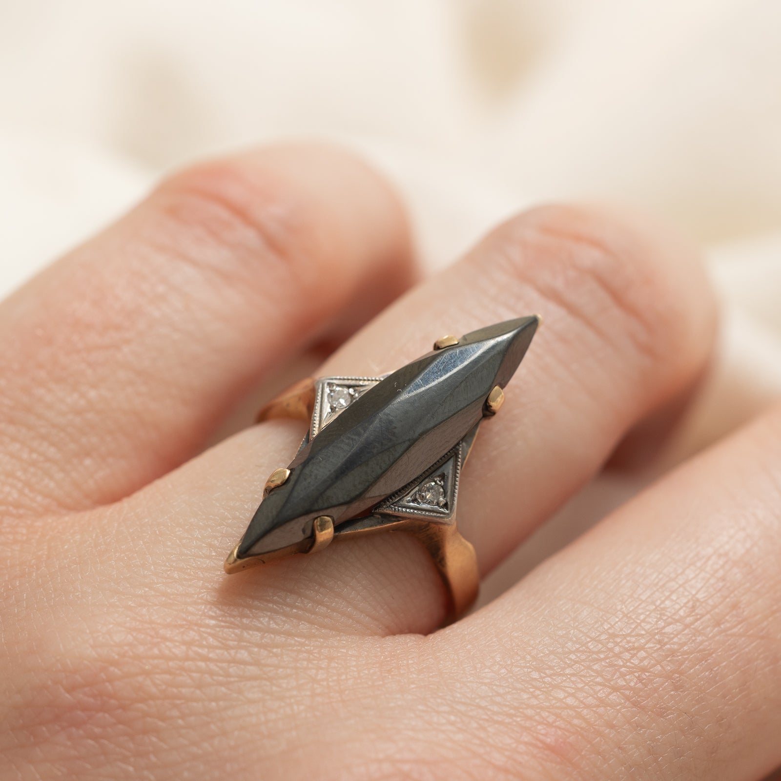 Hematite & Diamond Navette Ring | 6.00ct | 0.02ctw | SZ 6.25