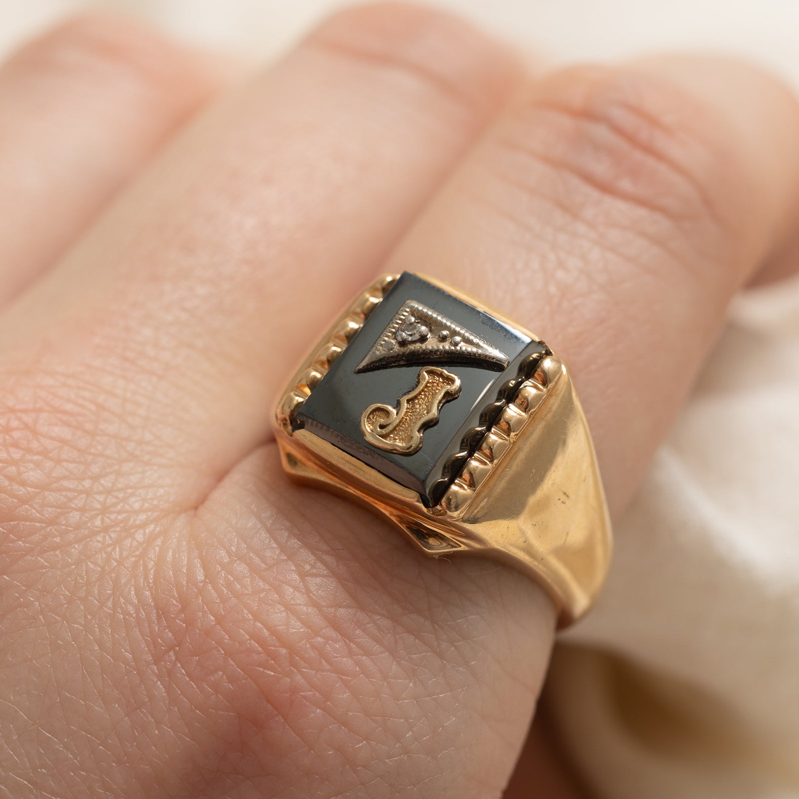 Hematite & Diamond 'J' Initial Signet Ring | 5.00ctw | 0.01ct | SZ 9