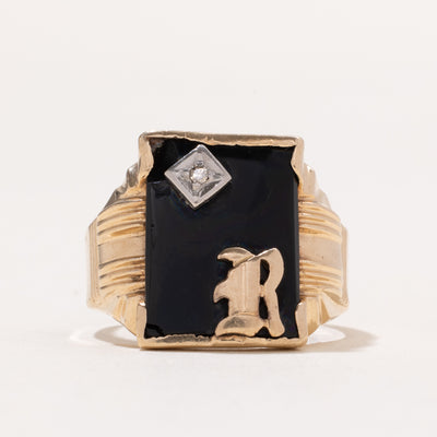 Onyx & Diamond 'R' Initial Signet Ring | 6.00ct | 0.02ct | SZ 9