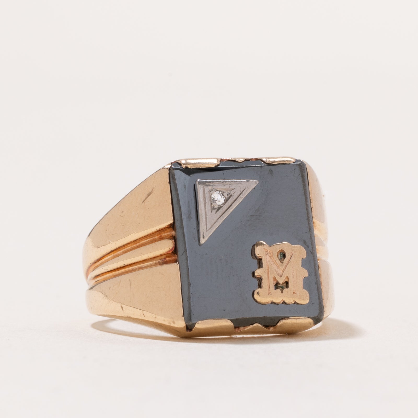 Hematite & Diamond 'M' Initial Signet Ring | 8.00ct | 0.01ct | SZ 7