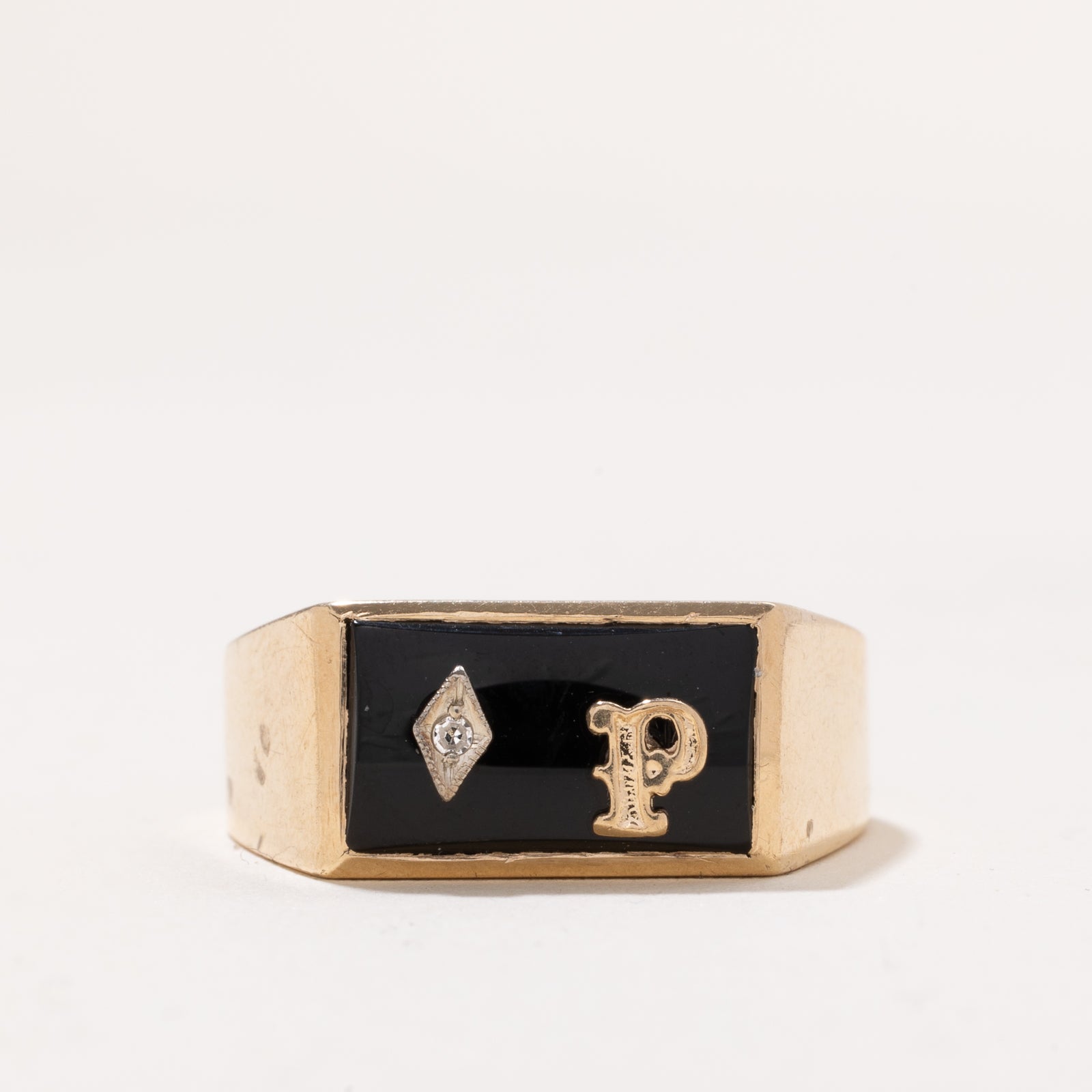 Onyx & Diamond 'P' Initial Signet Ring | 3.30ct | 0.01ct | SZ 11.75