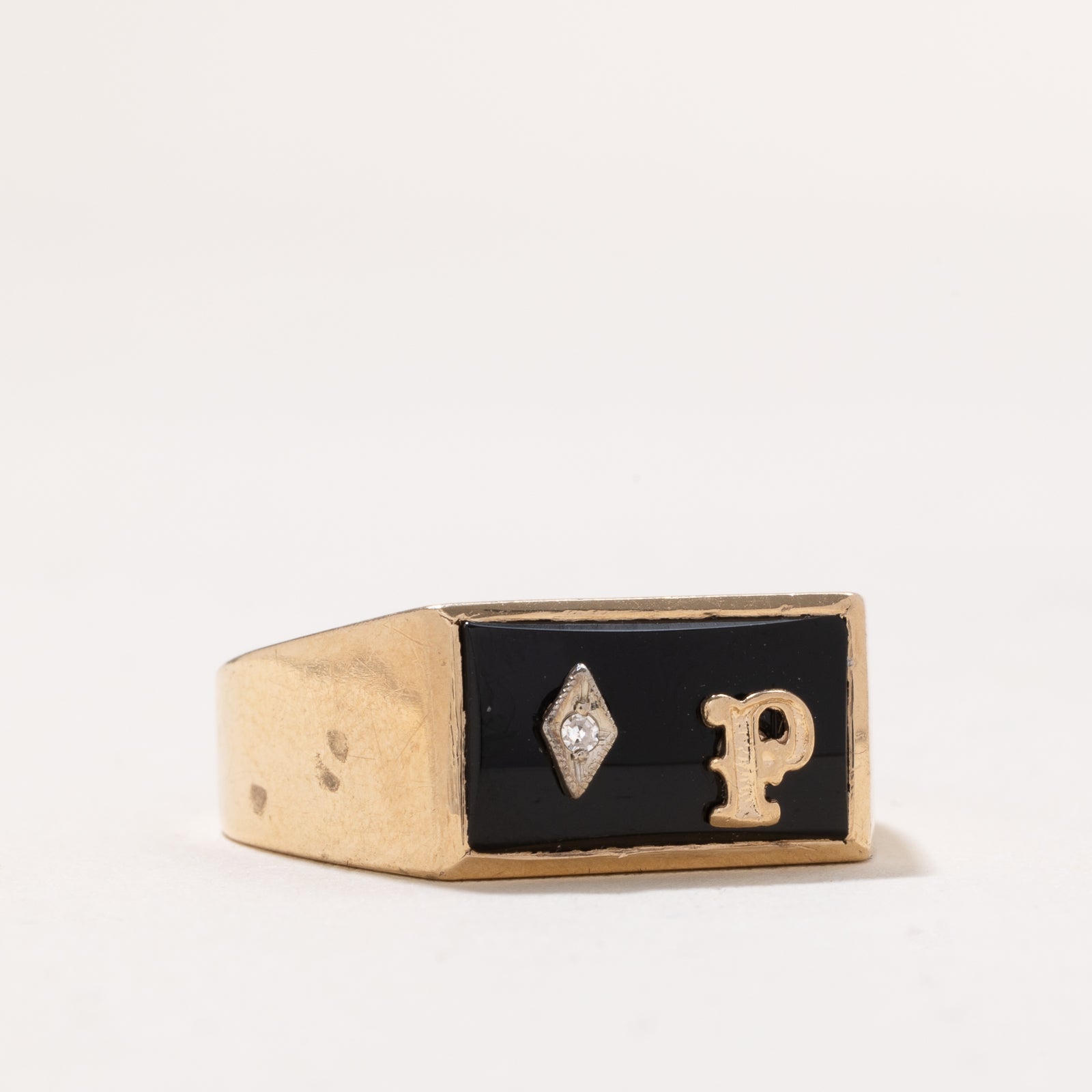 Onyx & Diamond 'P' Initial Signet Ring | 3.30ct | 0.01ct | SZ 11.75