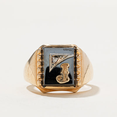 Hematite & Diamond 'J' Initial Signet Ring | 5.00ctw | 0.01ct | SZ 9
