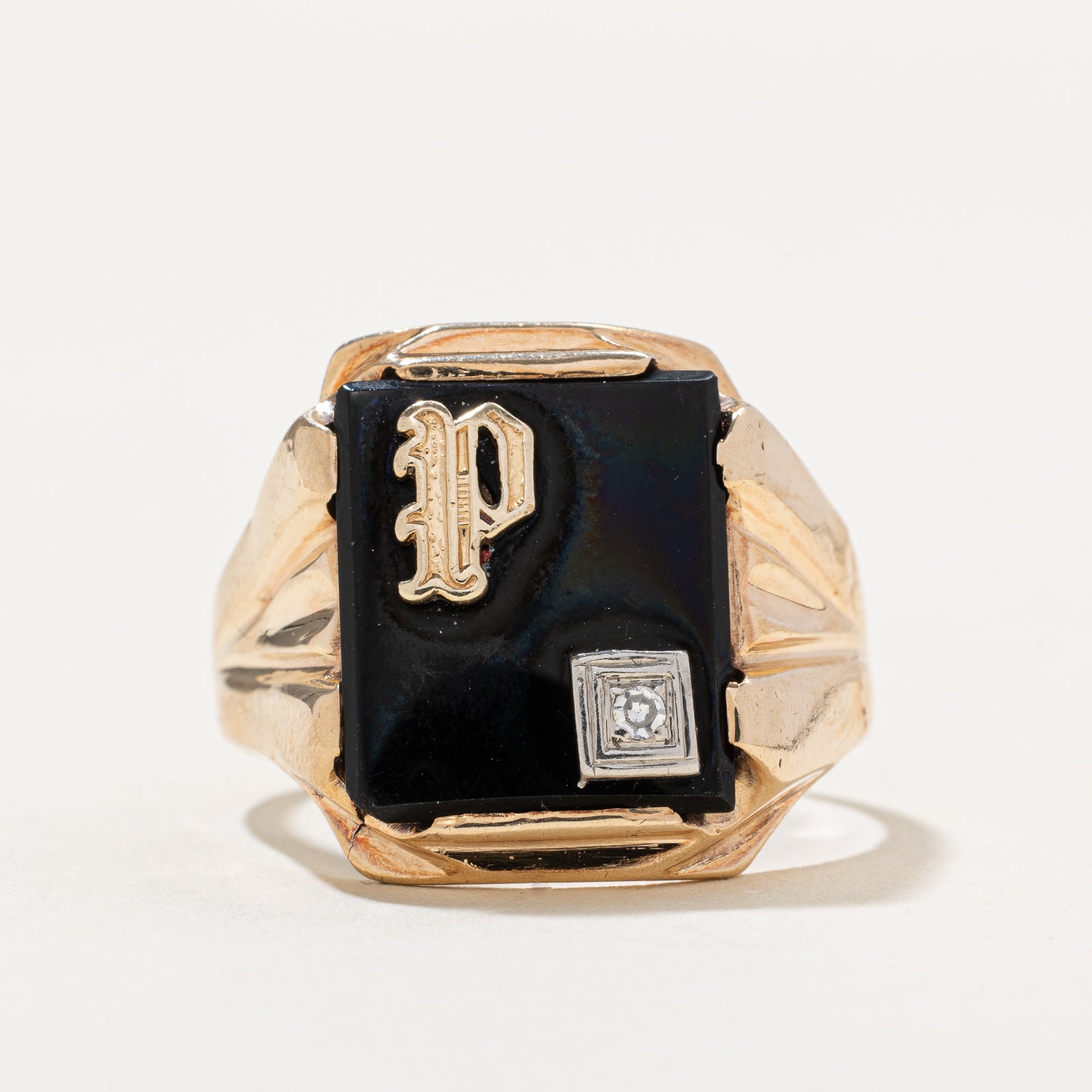 Onyx & Diamond 'P' Initial Signet Ring | 6.00ct | 0.02ct | SZ 9.75