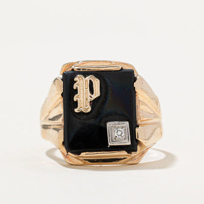 Onyx & Diamond 'P' Initial Signet Ring | 6.00ct | 0.02ct | SZ 9.75