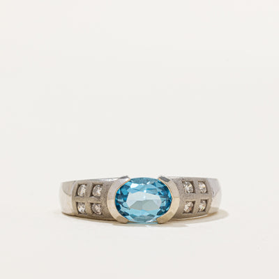 Semi Bezel East West Blue Topaz & Diamond Ring | 1.20ct, 0.16ctw | SZ 6.25 |