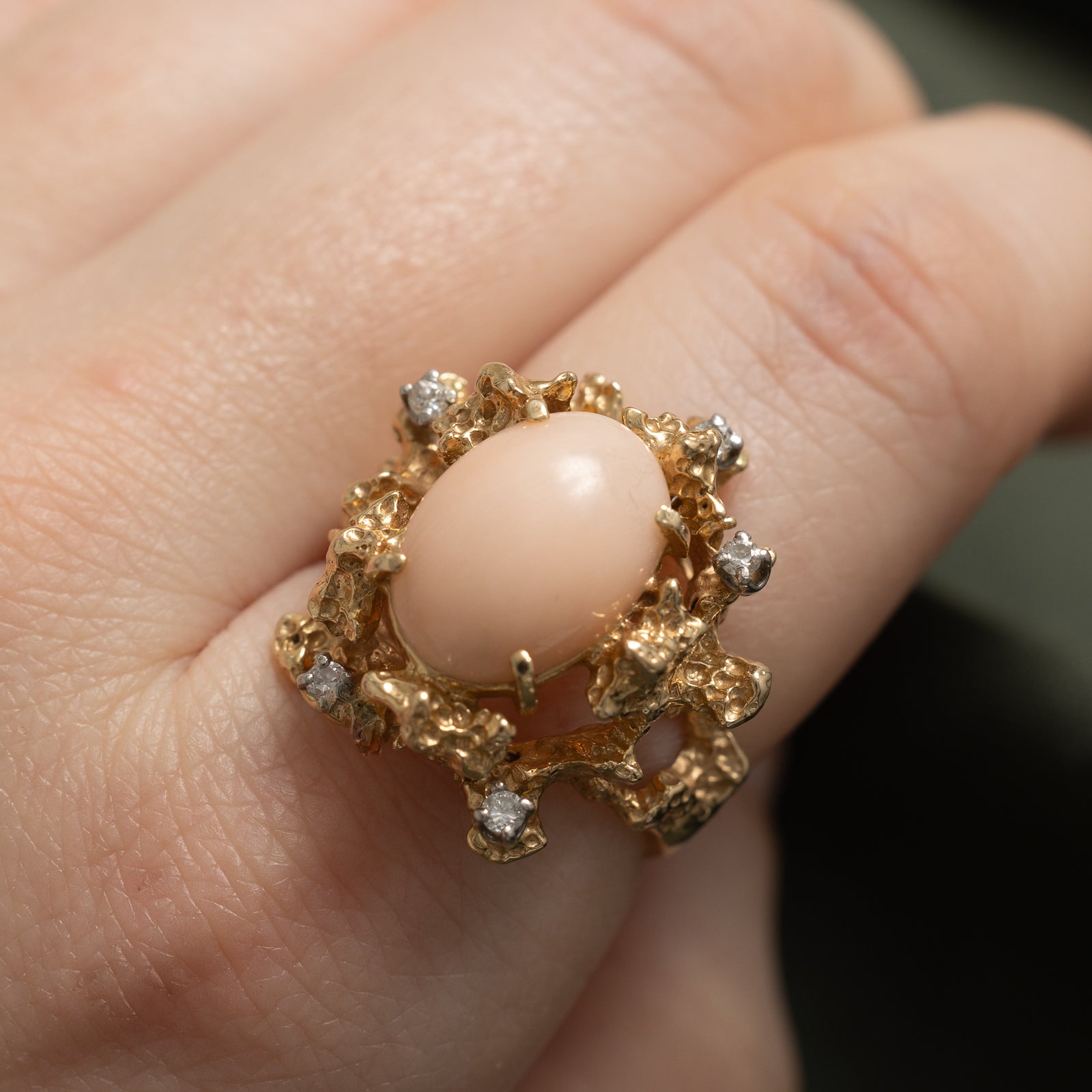 Pink Coral & Diamond Cocktail Ring | 4.25ct, 0.12ctw | SZ 7.25 |