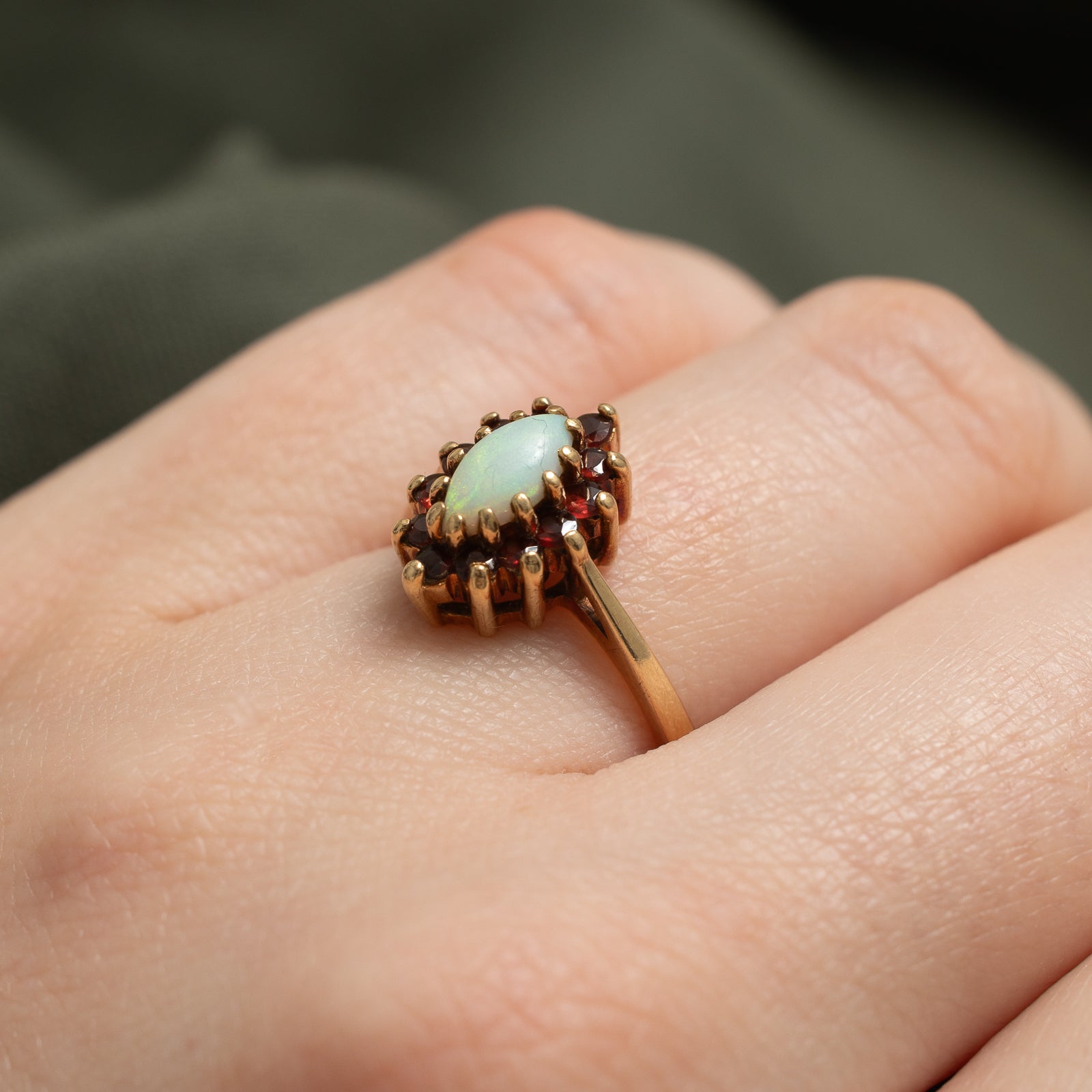 Marquise Cut Opal & Garnet Halo Ring | 0.35ct, 0.50ctw | SZ 6.25 |