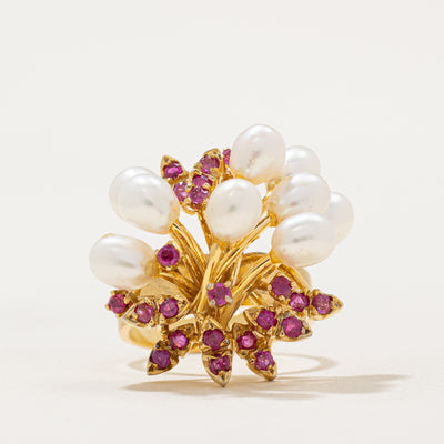 Pearl & Ruby Cocktail Ring | 0.66ctw | SZ 5 |