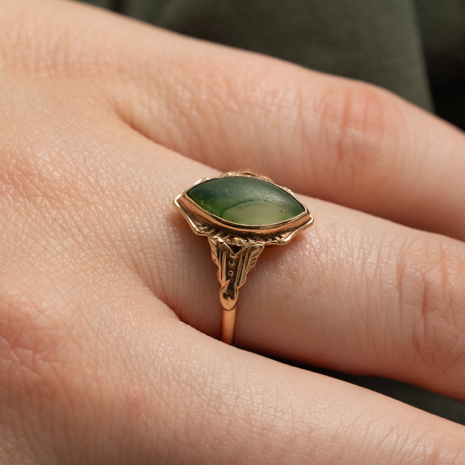Green Pasté Glass Textured Navette Ring | 1.80ct | SZ 6.25