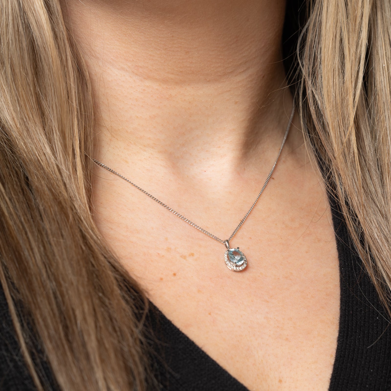 Aquamarine & Diamond Halo Pendant | 1.26ct, 0.12ctw |