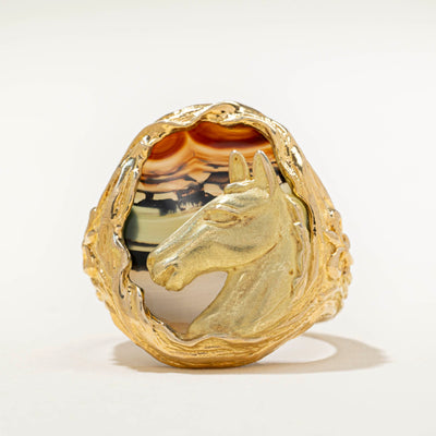 18K Gold Agate Horse-head Cocktail Ring | 7.00ct | SZ 5.75