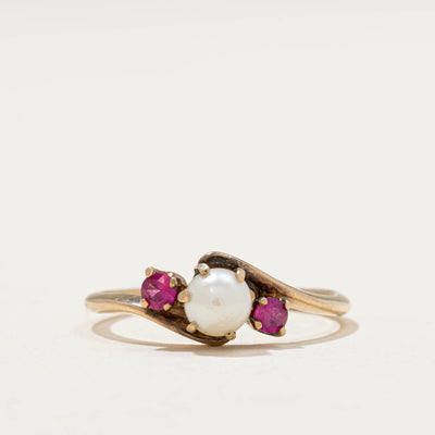 Pearl & Synthetic Ruby Bypass Ring | 0.10ctw | SZ 7
