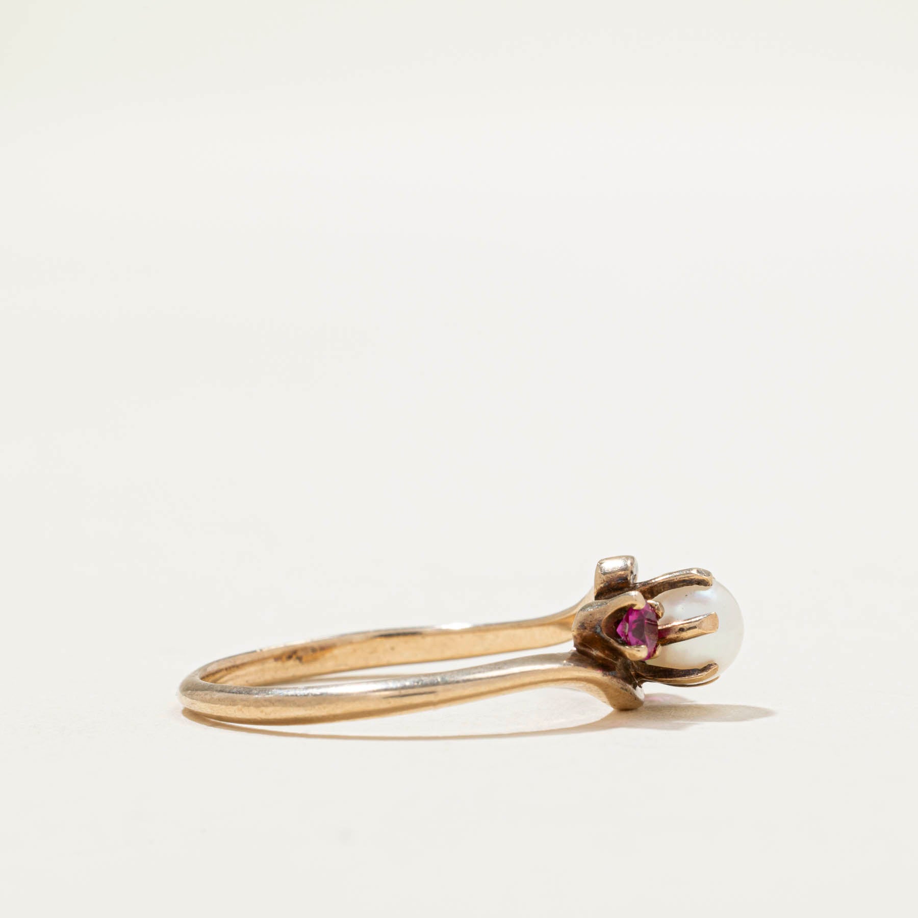 Pearl & Synthetic Ruby Bypass Ring | 0.10ctw | SZ 7