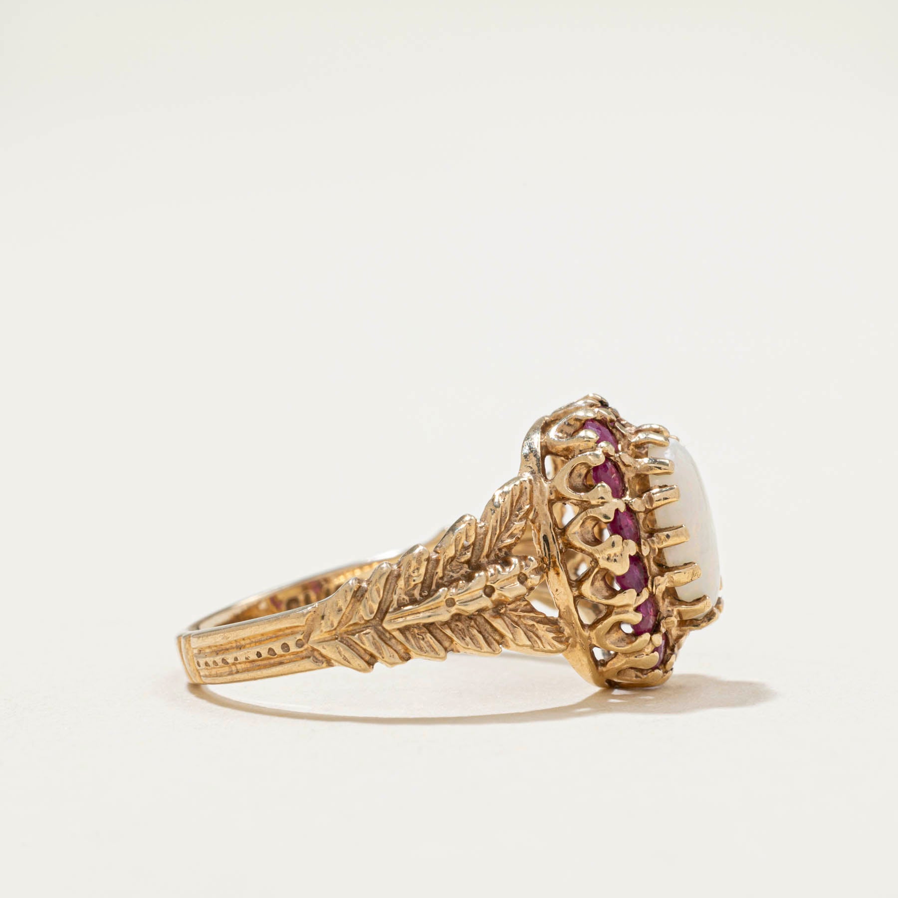 Opal & Ruby Halo Textured Ring | 0.98ctw | SZ 6.75