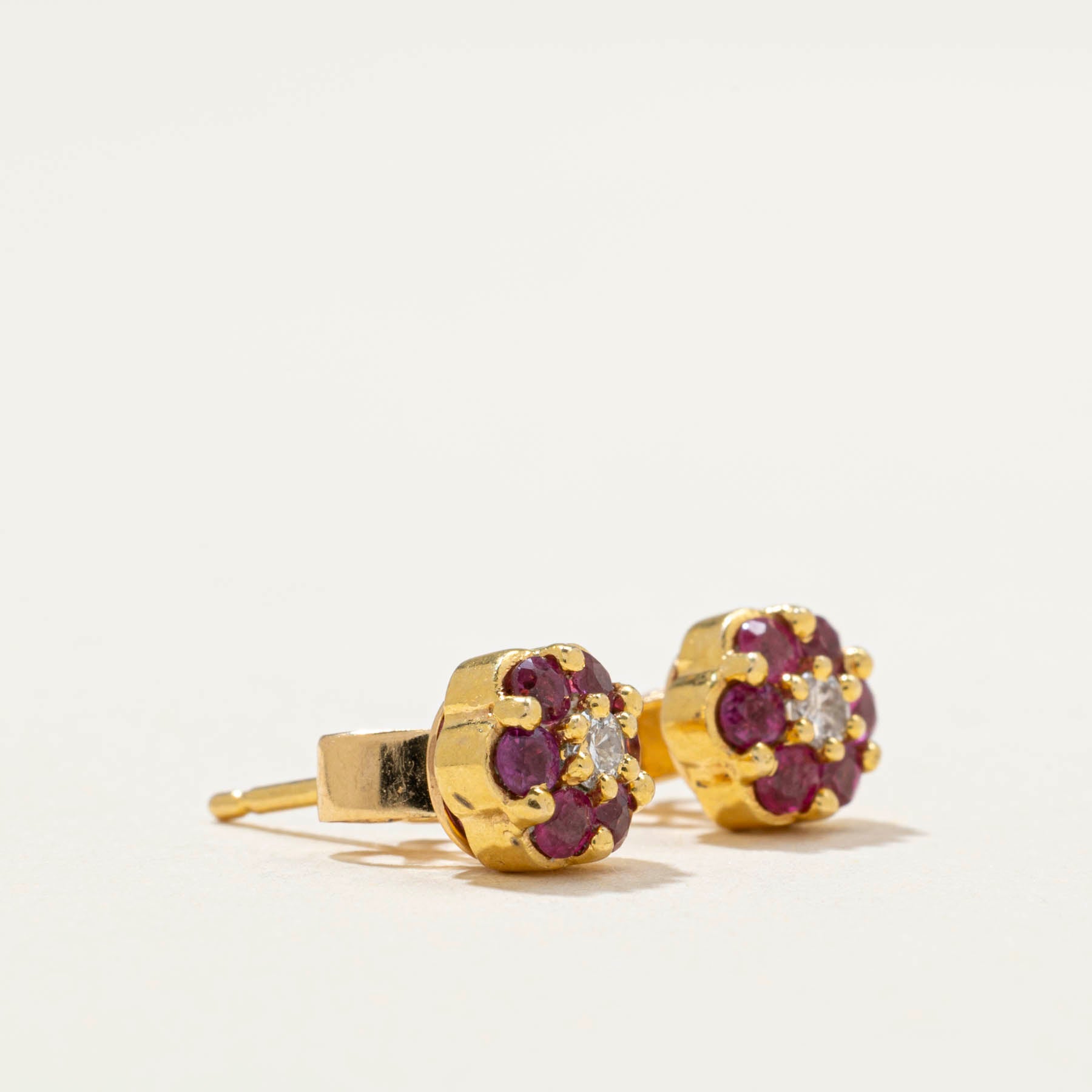 Ruby & Diamond Flower Stud Earrings | 0.30ctw | 0.06ctw |