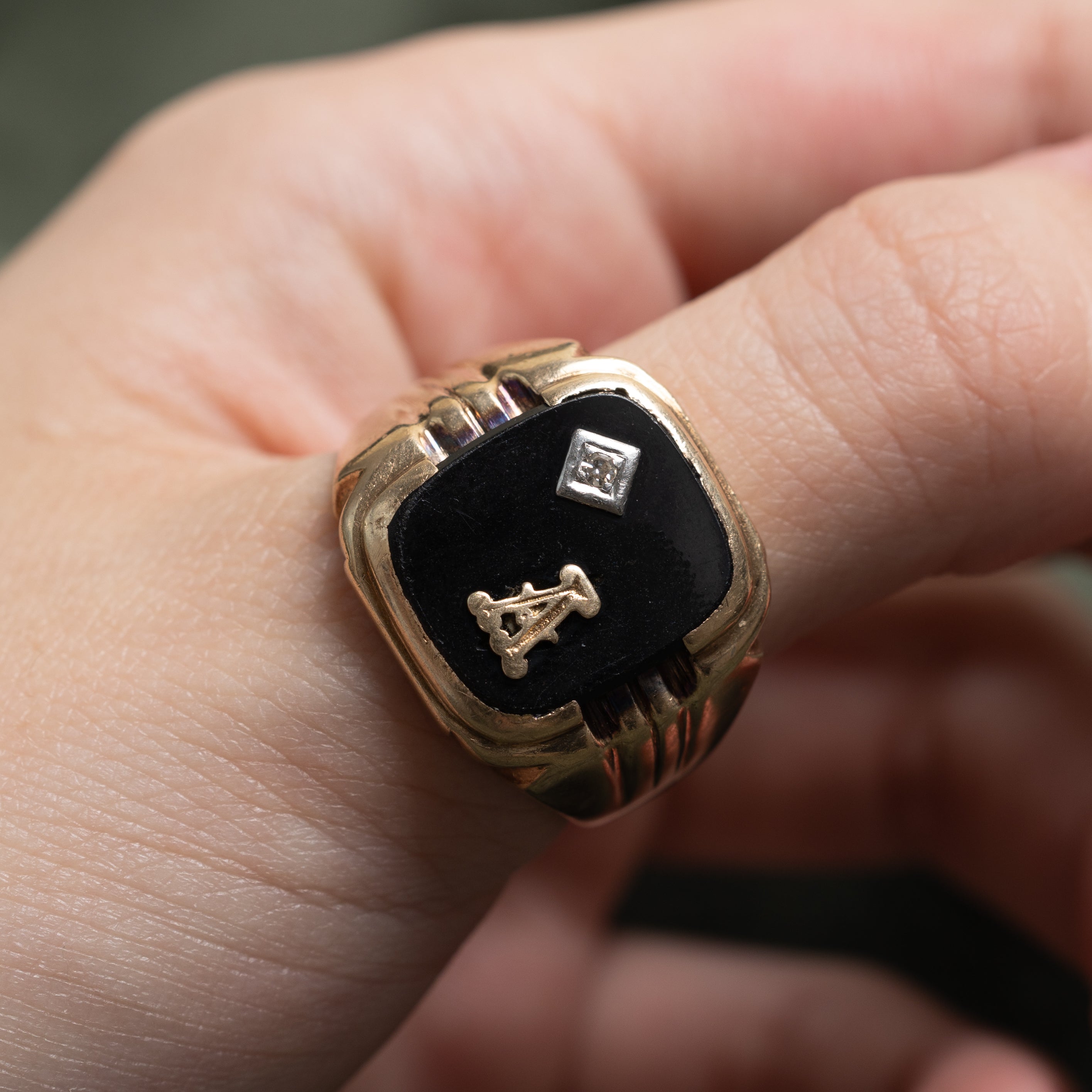 Onyx & Diamond "A" Initial Grooved Signet Ring | 3.25ct, 0.01ct | SZ 12