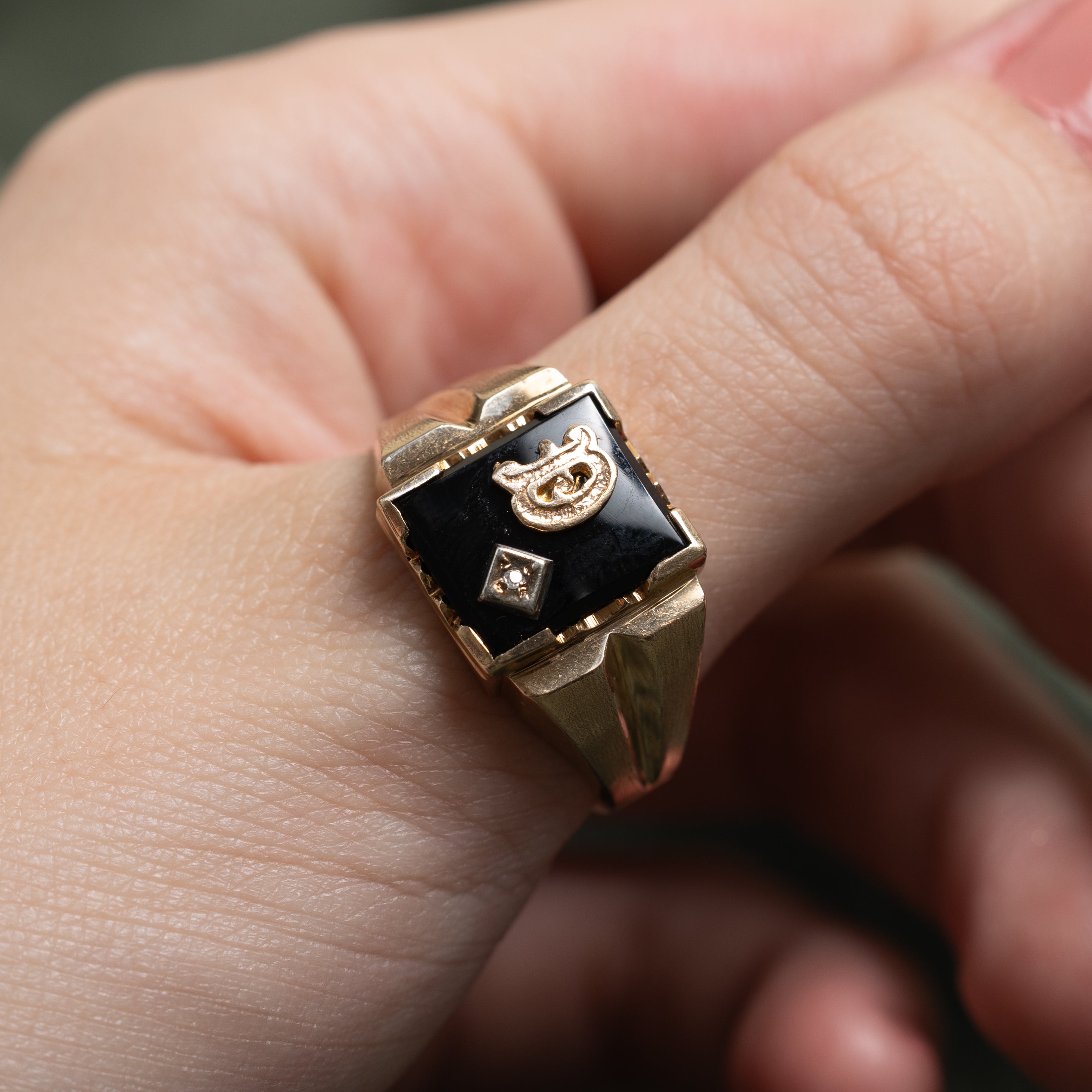 Onyx & Diamond "D" Initial Signet Ring | 2.50ct, 0.005ct | SZ 12.5