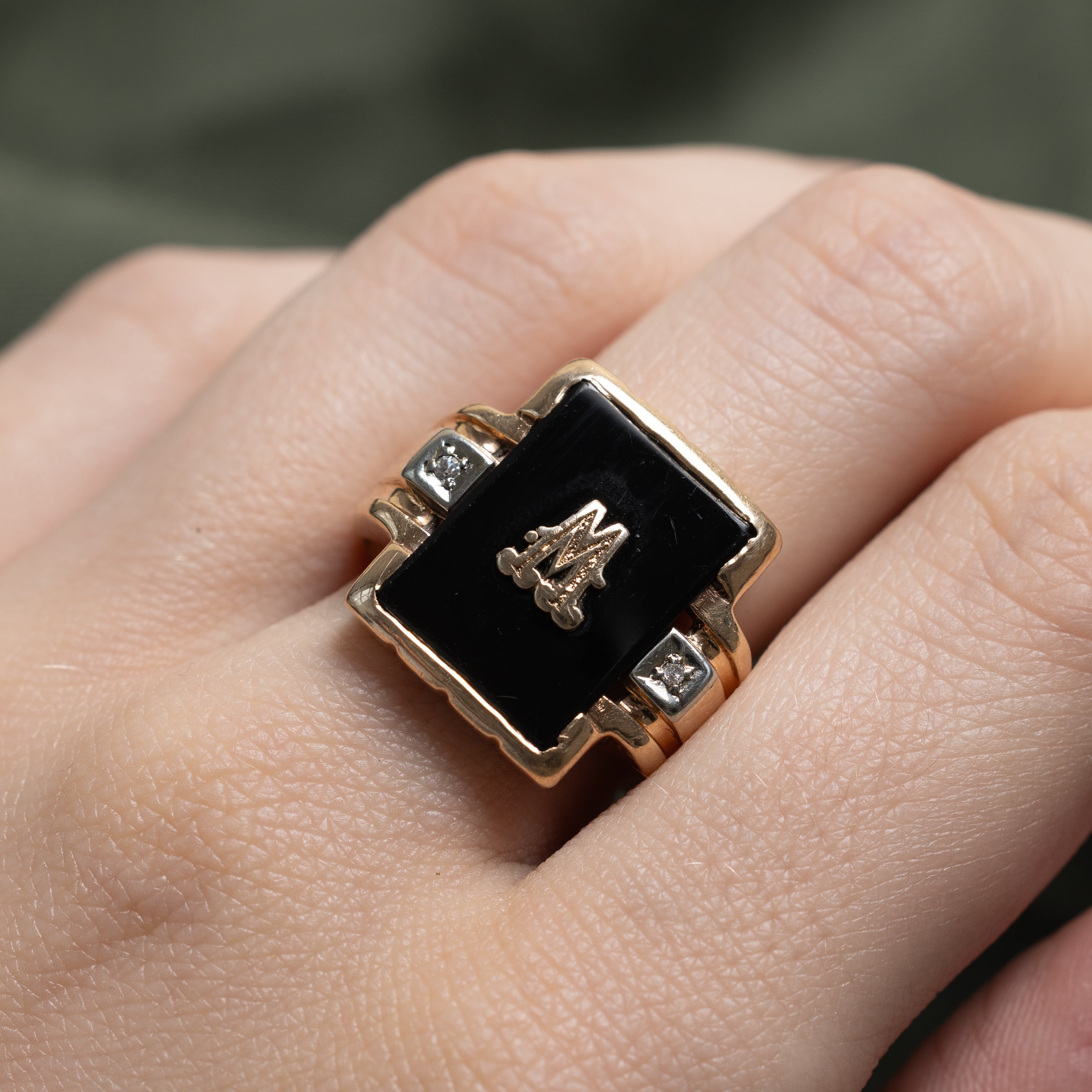 Onyx & Diamond "M" Initial Ring | 3.80ct, 0.01ctw | SZ 7.25