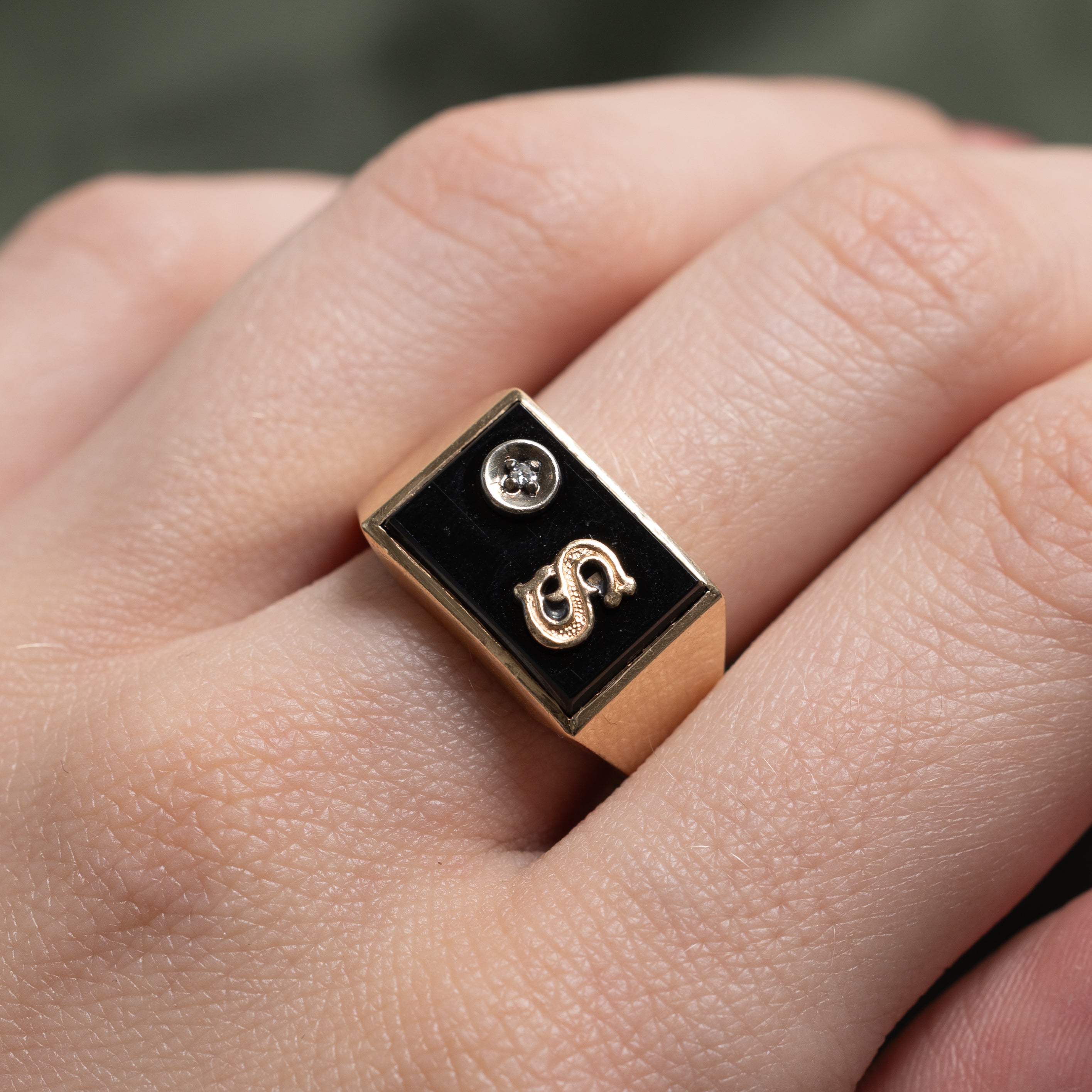 Onyx & Diamond "S" Initial Signet Ring | 2.10ct, 0.005ct | SZ 8