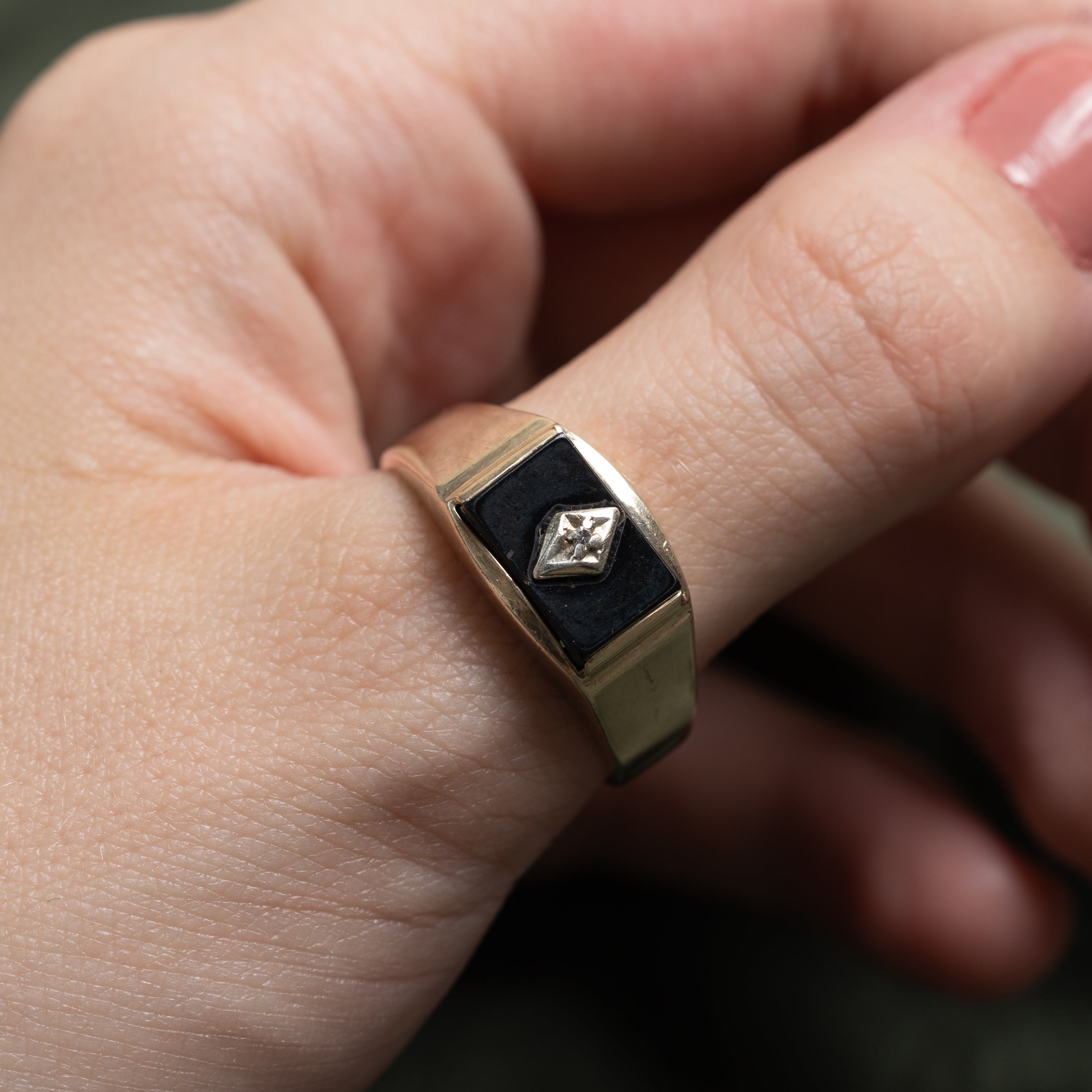 Onyx & Diamond Signet Ring | 1.60ct, 0.001ct | SZ 12