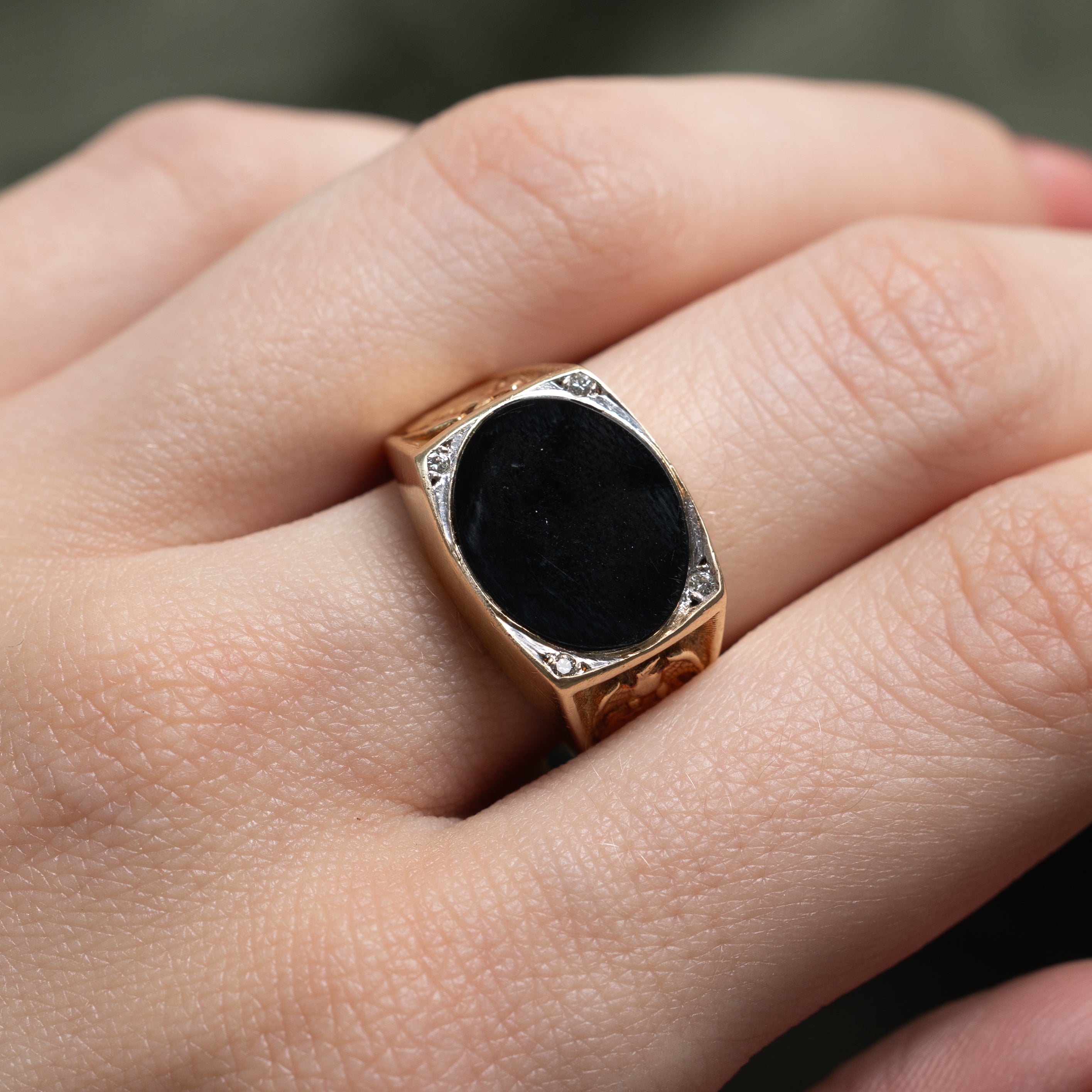 Onyx & Diamond Eagle Embossed Signet Ring | 2.62ct, 0.02ctw | SZ 8.25