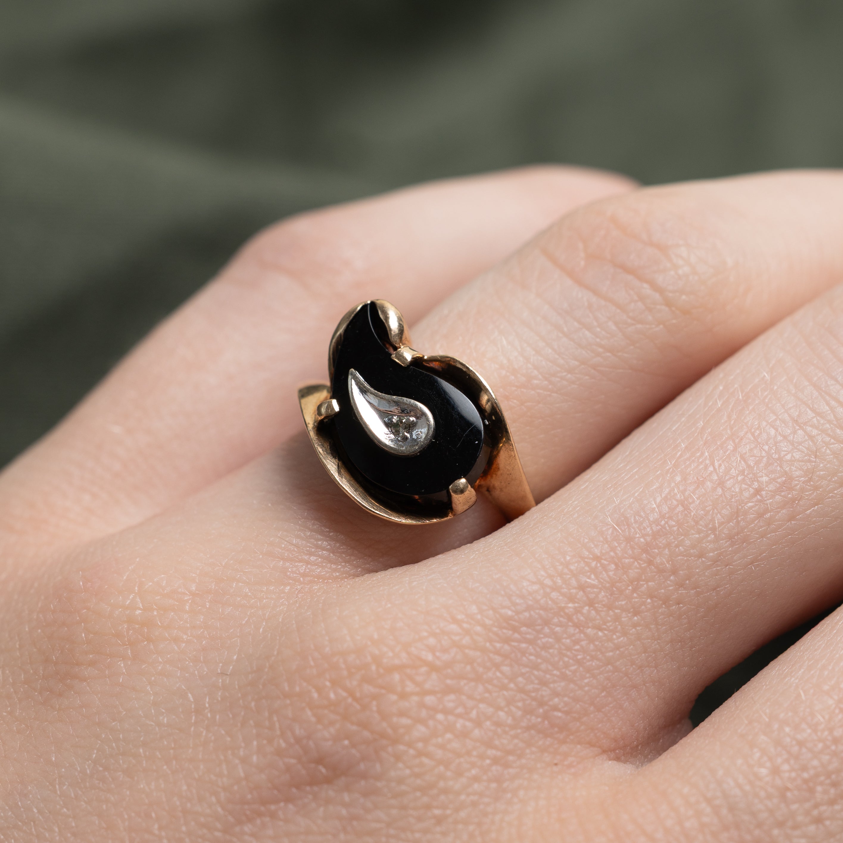 Onyx & Diamond Pear Shaped Bypass Ring | 1.60ct, 0.005ct | SZ 5.5