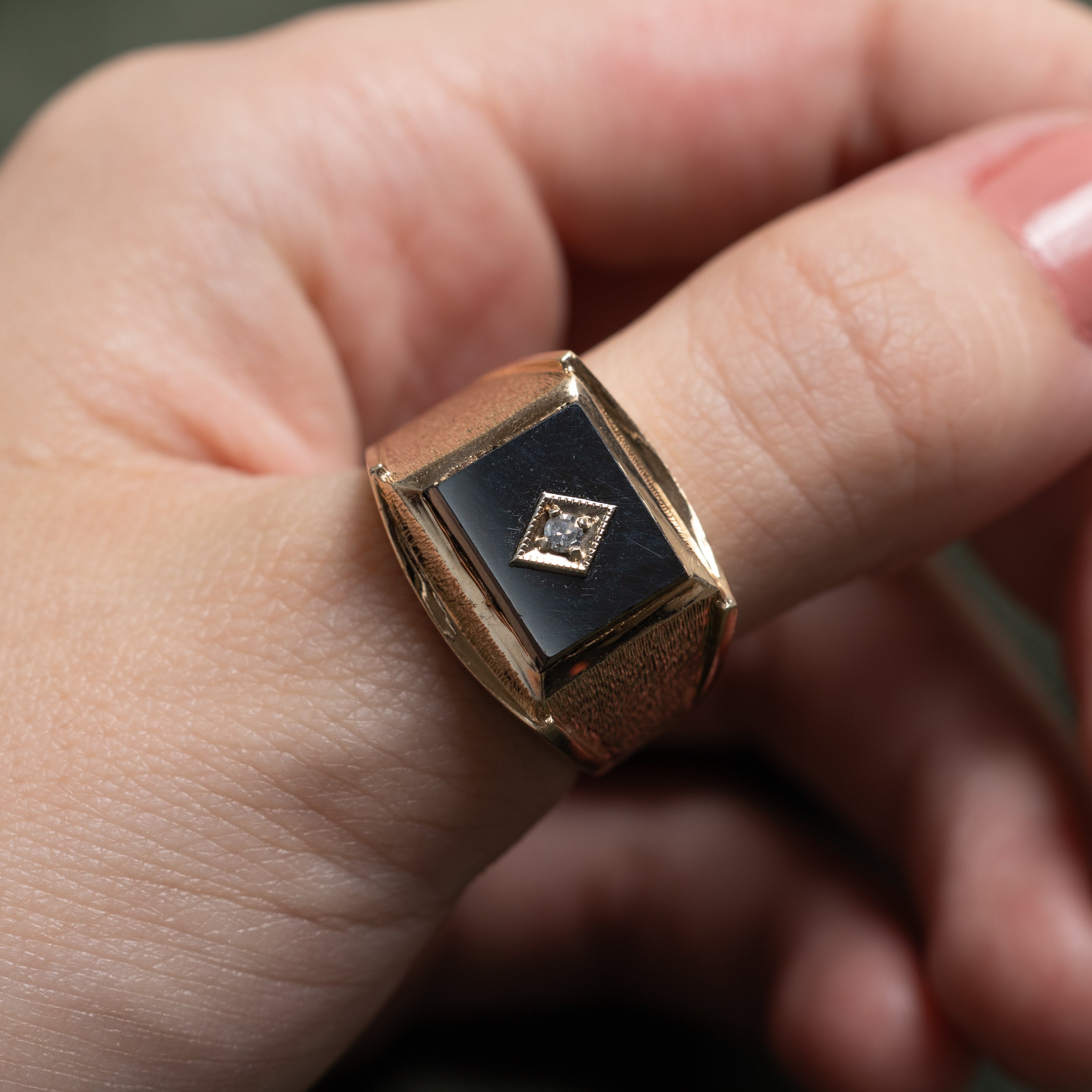 Hematite & Diamond Textured Signet Ring | 4.90ct, 0.02ct | SZ 10