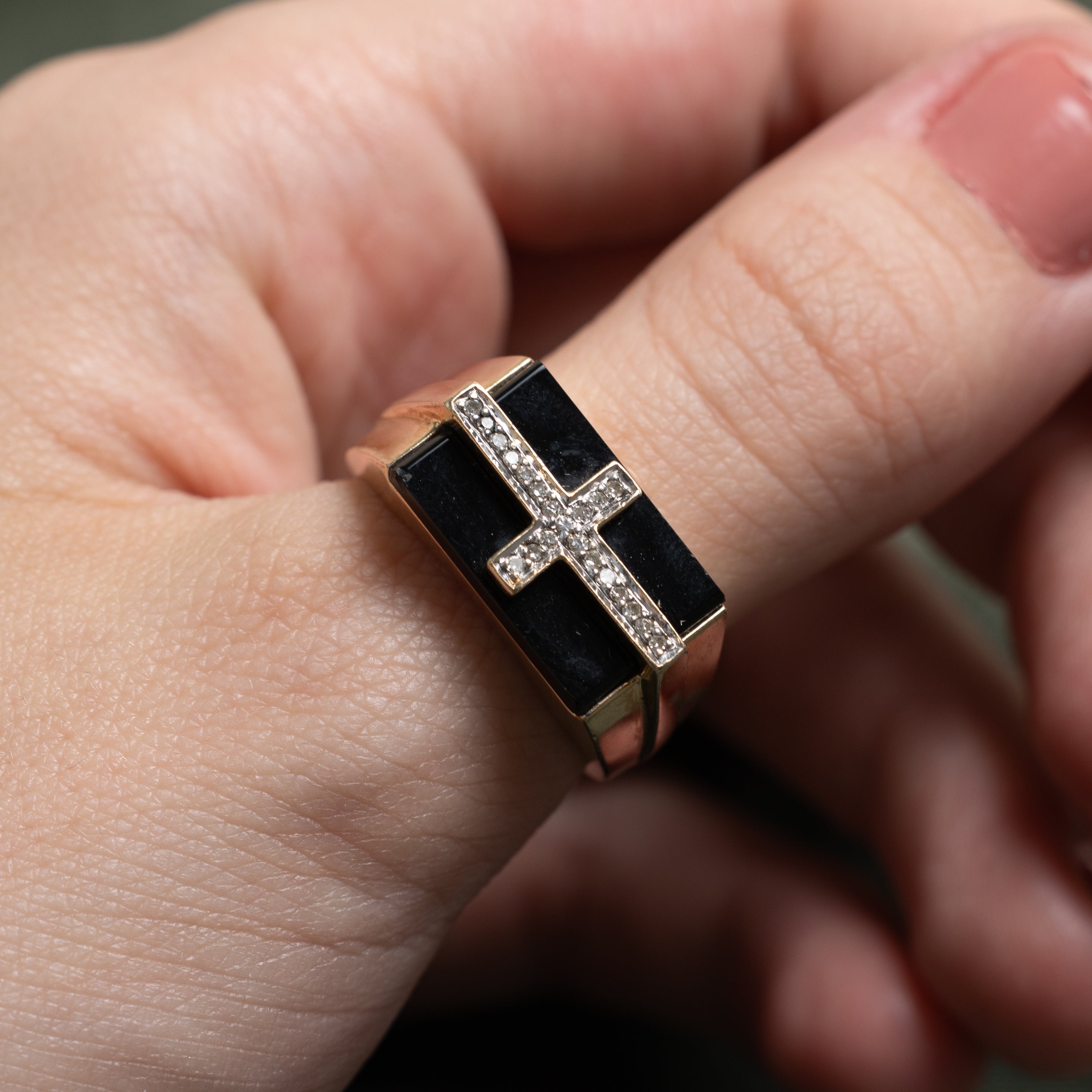 Onyx & Diamond Cross Signet Ring | 3.30ct, 0.04ctw | SZ 9.75