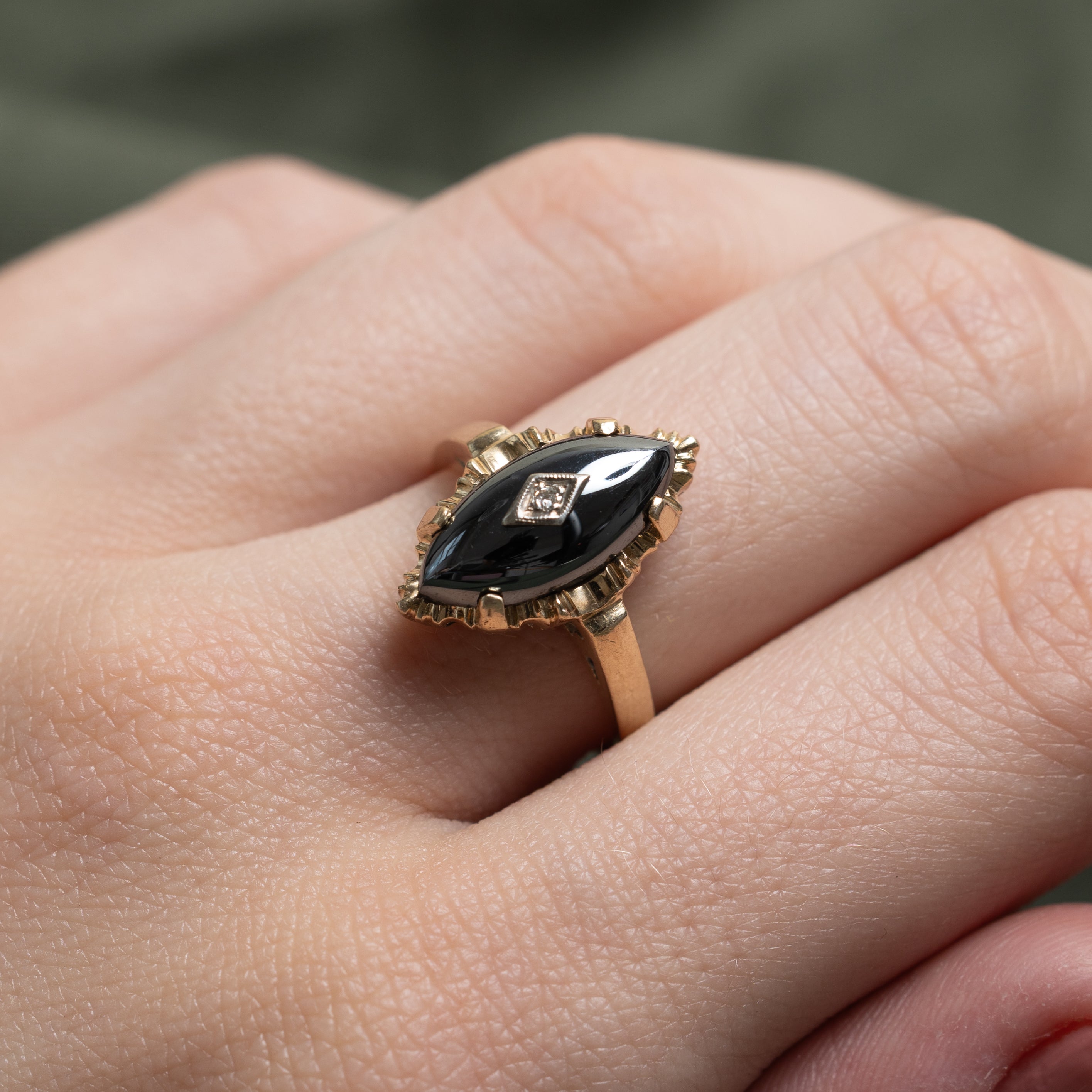 Cabochon Hematite & Diamond Grooved Navette Ring | 4.25ct, 0.005ct | SZ 6.5