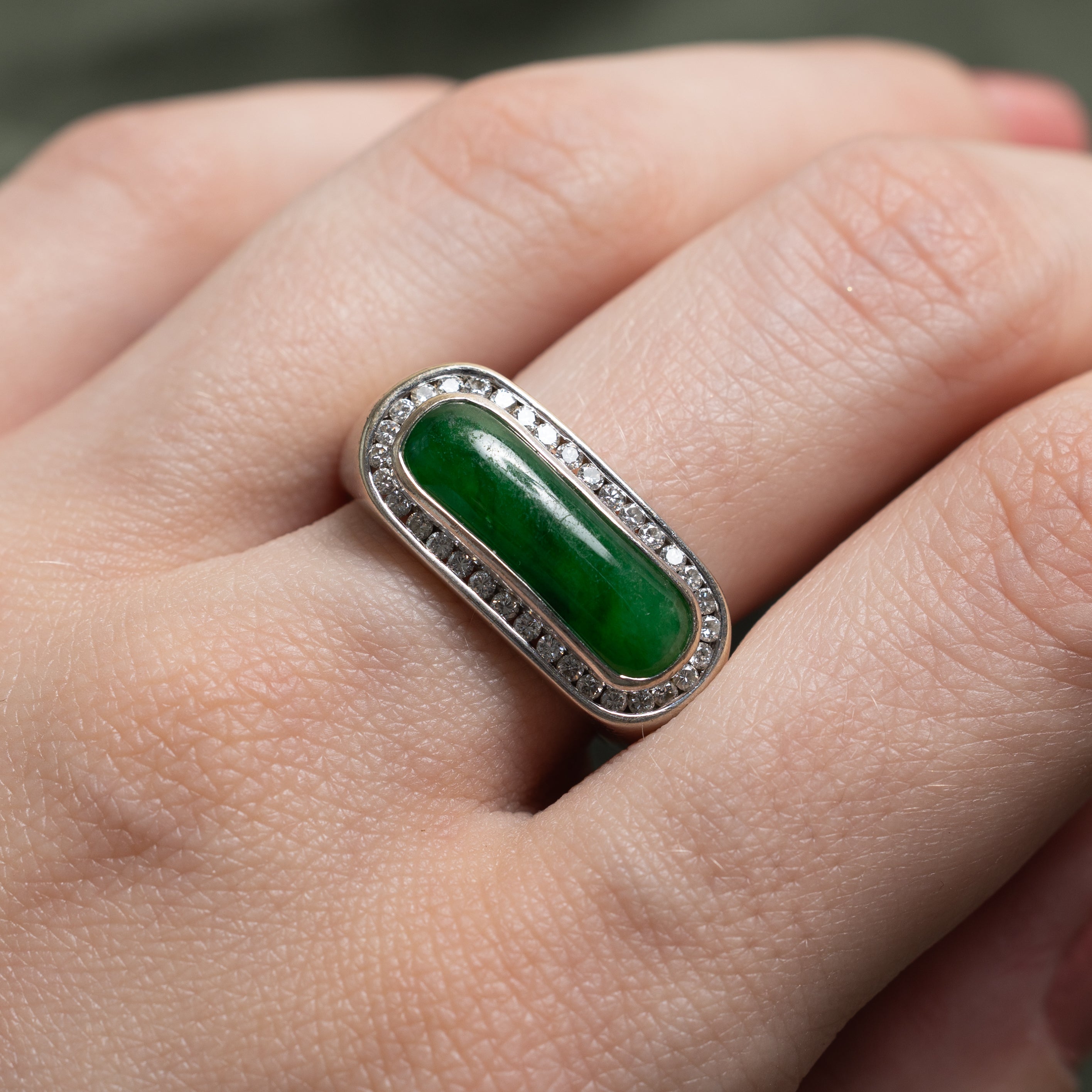 18k East West Jadeite & Diamond Halo Ring | 2.24ct , 0.33ctw | SZ 7.25
