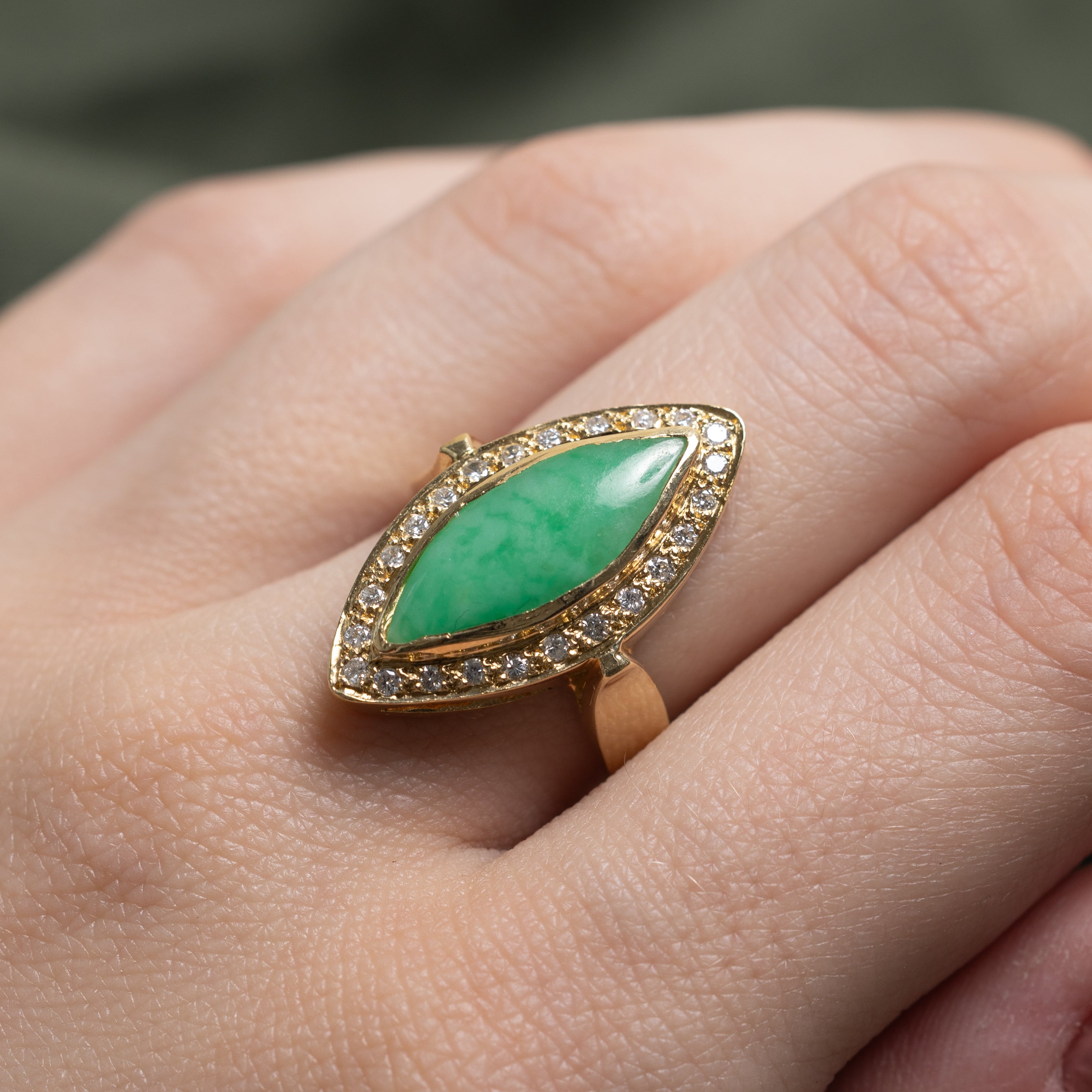 18k Jadeite & Diamond Halo Navette Ring | 4.30ct, 0.12ctw | SZ 6.5