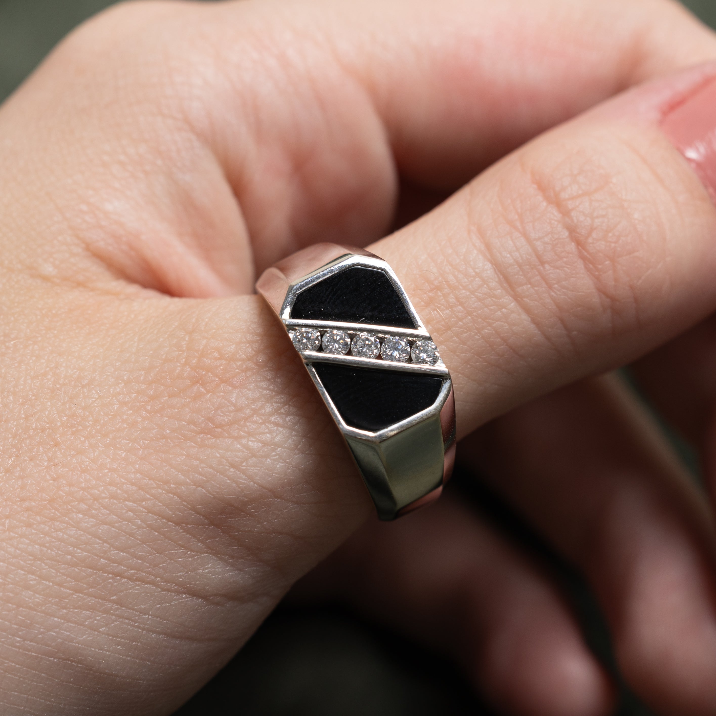 18k Onyx & Diagonal Diamond Octagon Signet Ring | 2.10ctw, 0.15ctw | SZ 9.5