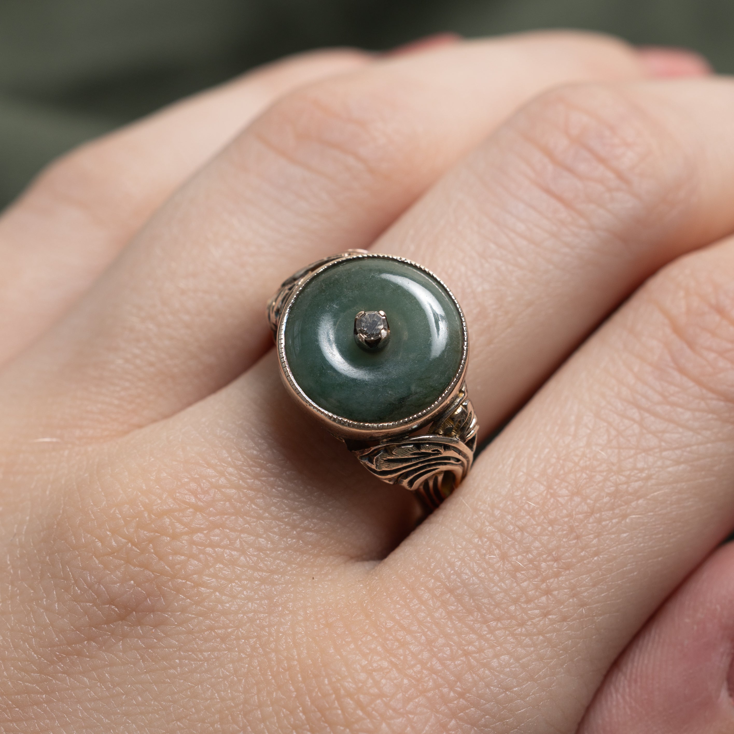 Donut Jadeite & Diamond Engraved Ring | 4.00ct, 0.04ct | SZ 7