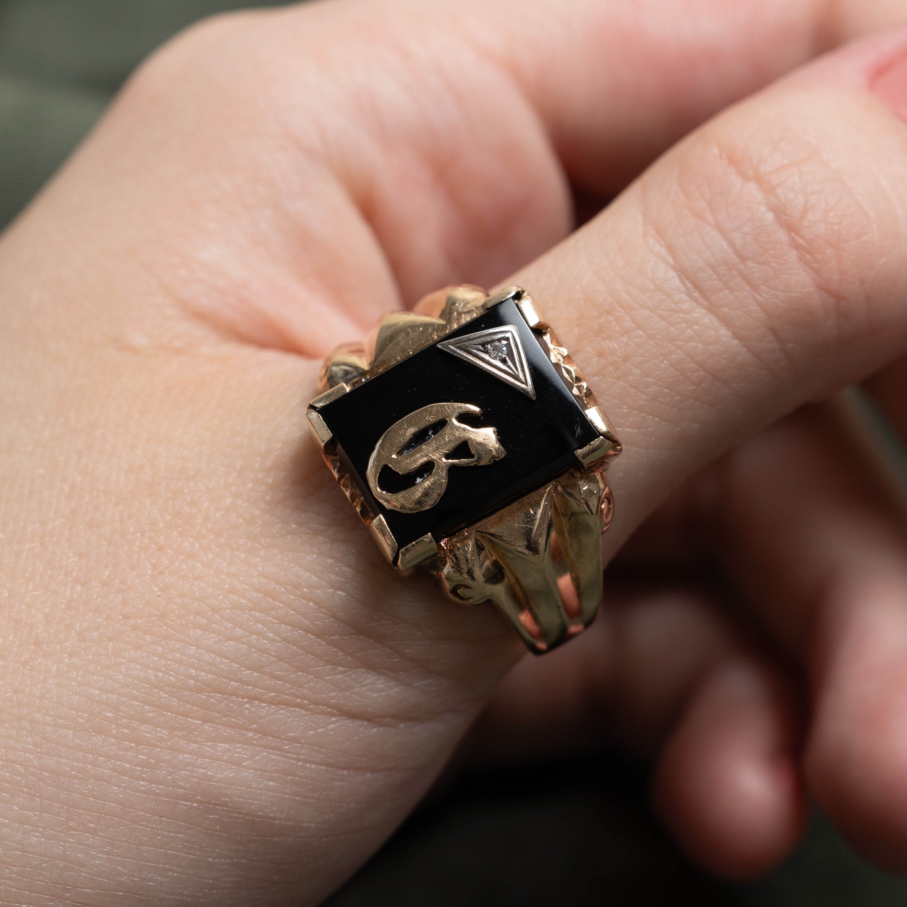 Onyx & Diamond Initial Ring | 3.44ct, 0.003ct | SZ 13.5