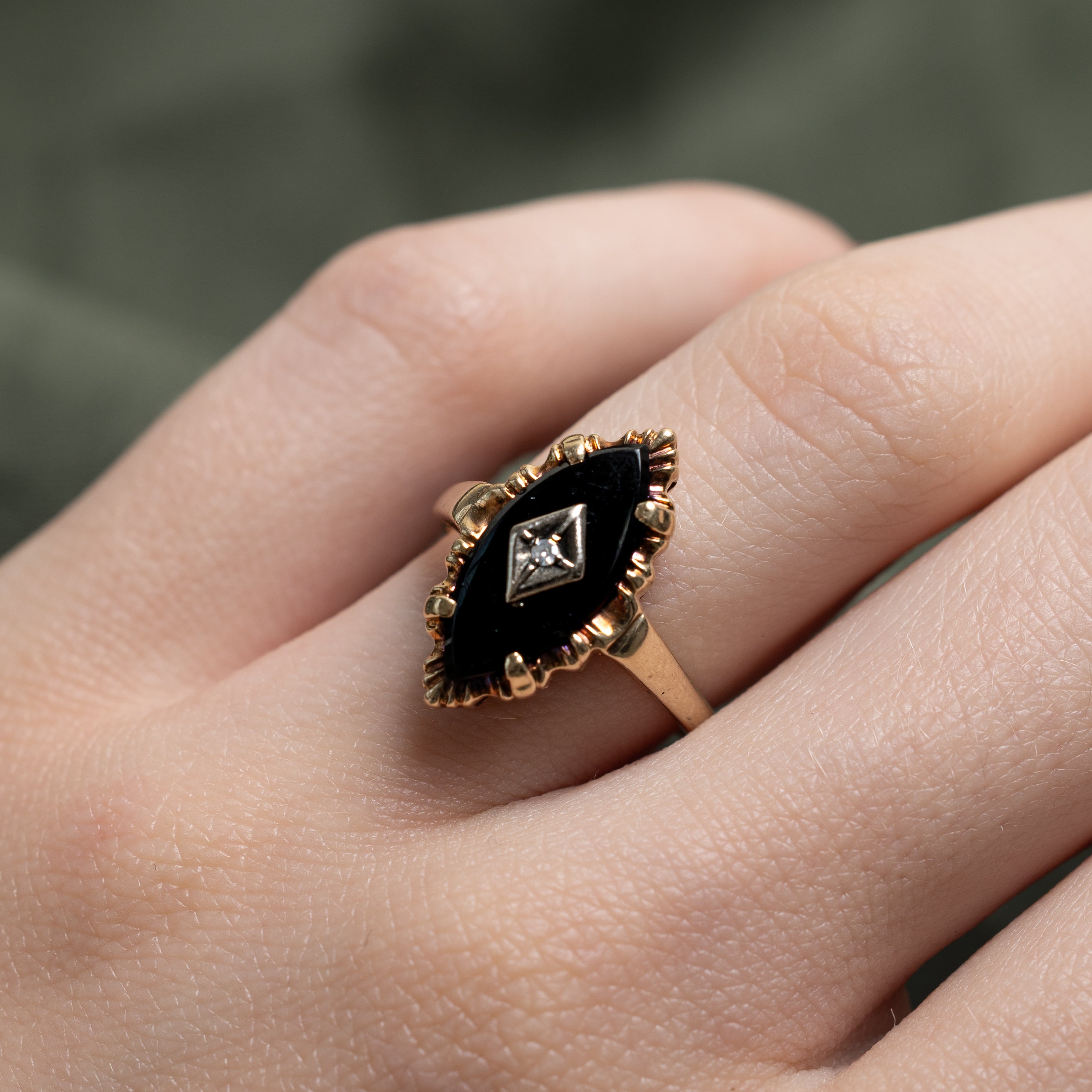 Cabochon Onyx & Diamond Navette Ring | 1.97ct, 0.005ct | SZ 5.5