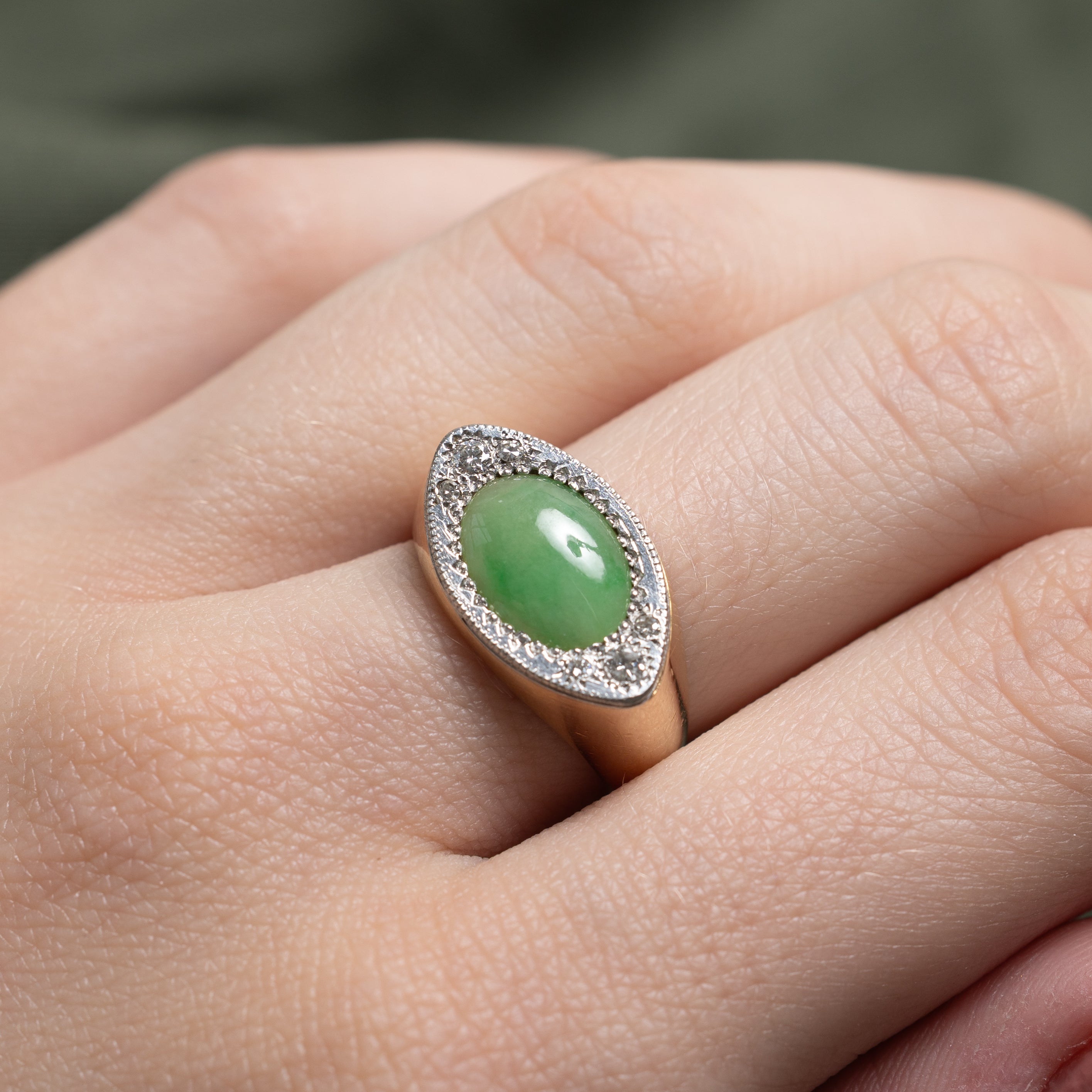 East West Jadeite & Diamond Milgrain Ring | 1.40ct, 0.07ctw | SZ 5.5