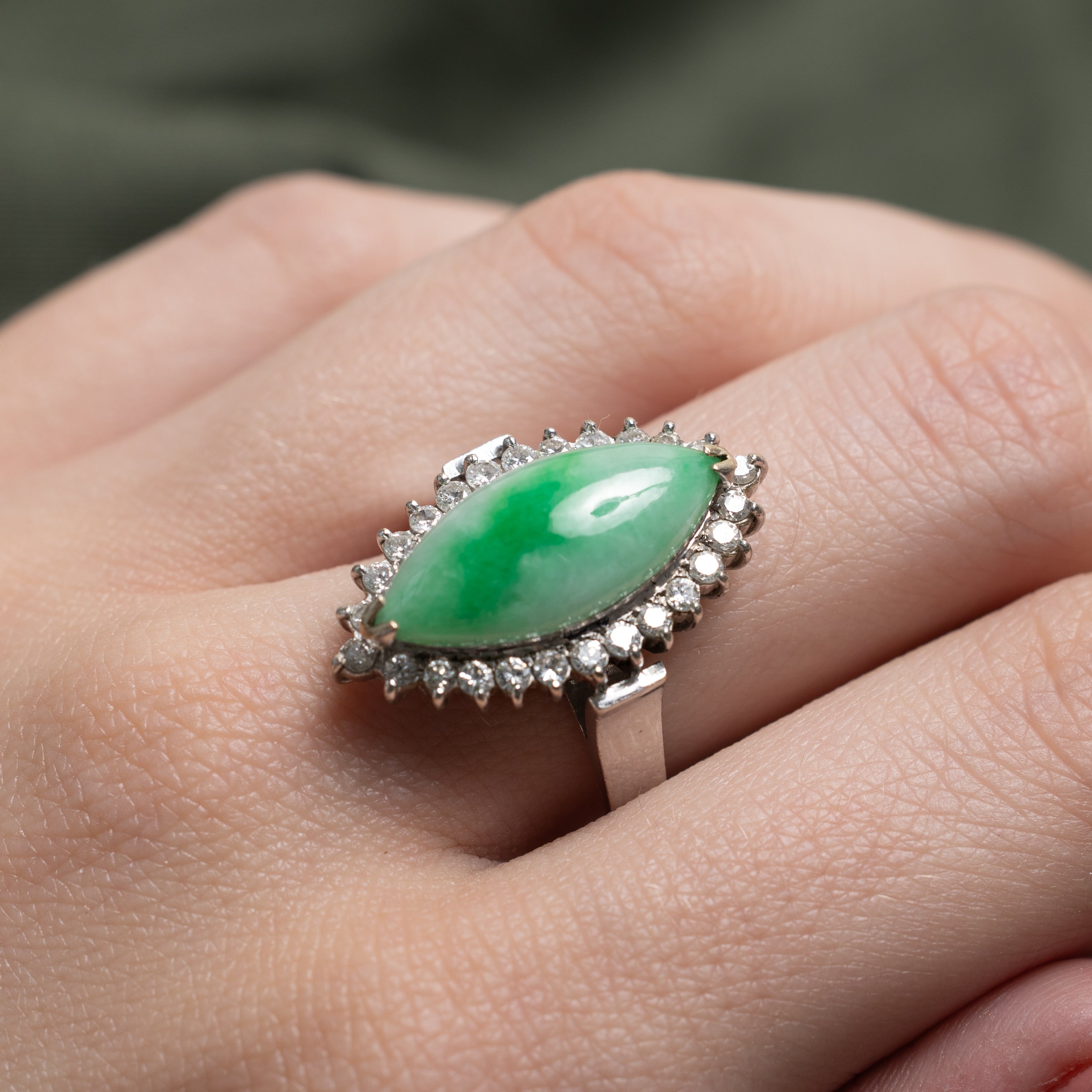 Jadeite & Diamond Petal Halo Cocktail Ring | 6.10ct, 0.39ctw | SZ 8