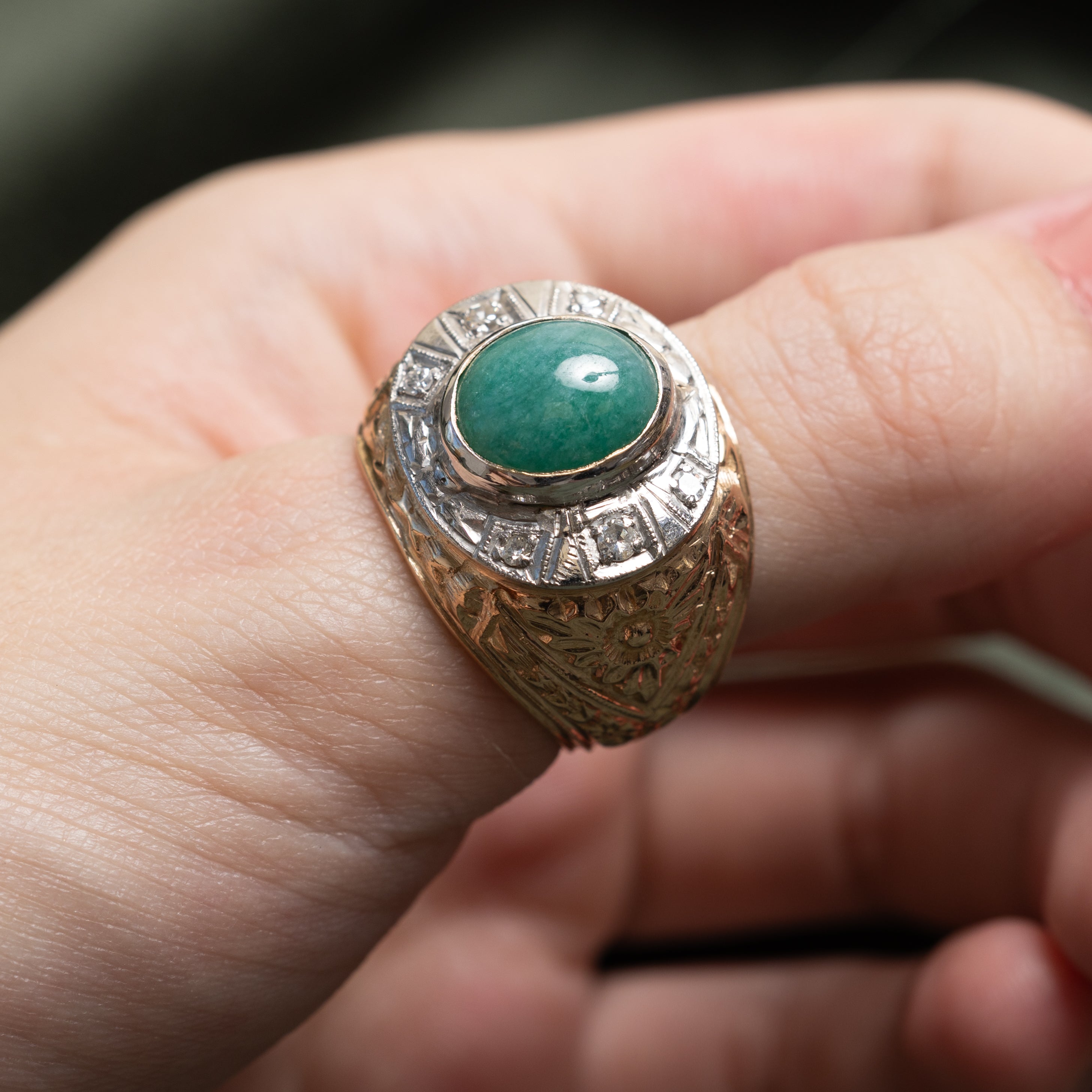 18k Two-Tone Jadeite & Diamond Engraved Dome Ring | 4.48ct, 0.18ctw | SZ 9