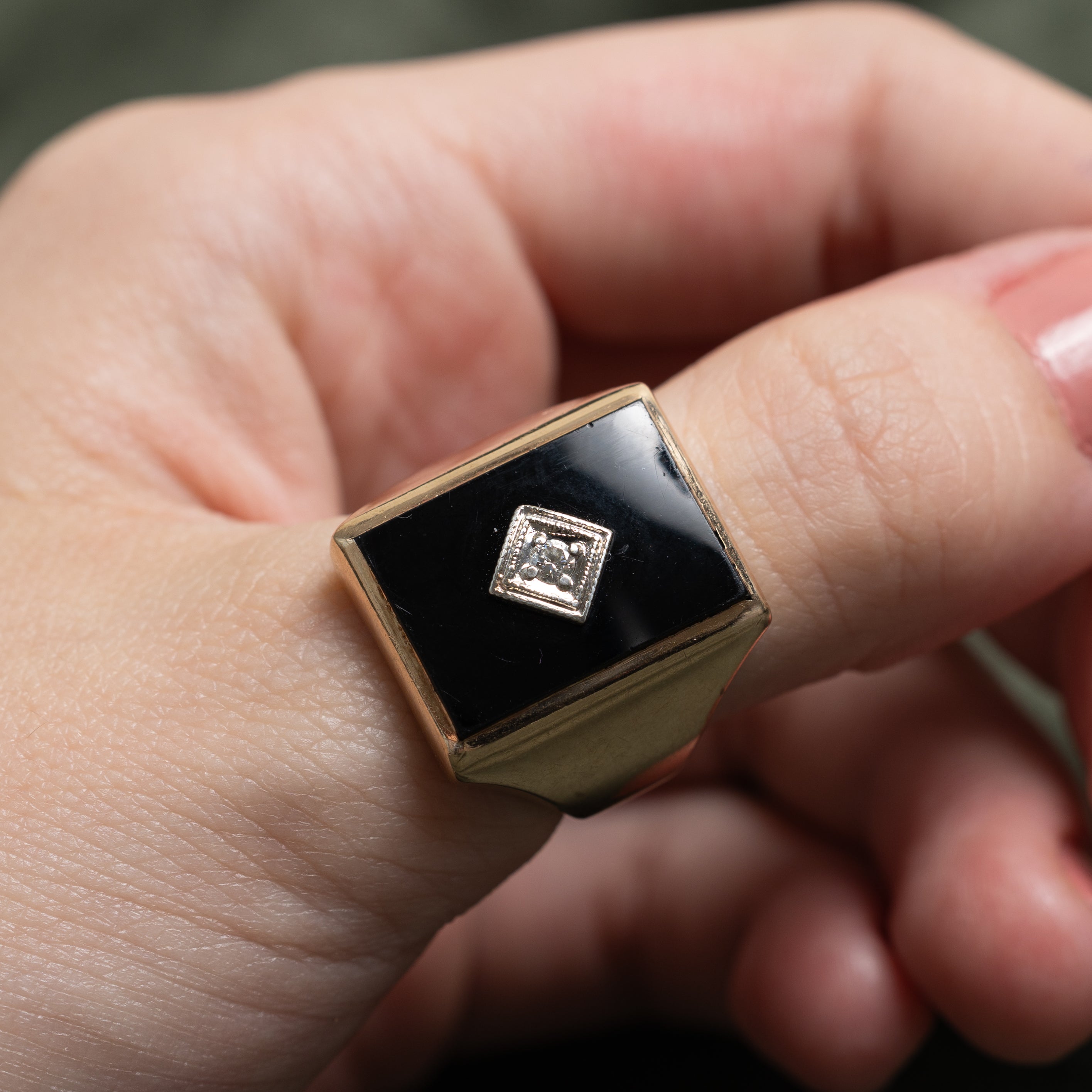 Flush Set Onyx & Diamond Signet Ring | 4.73ct, 0.05ct | SZ 8.25