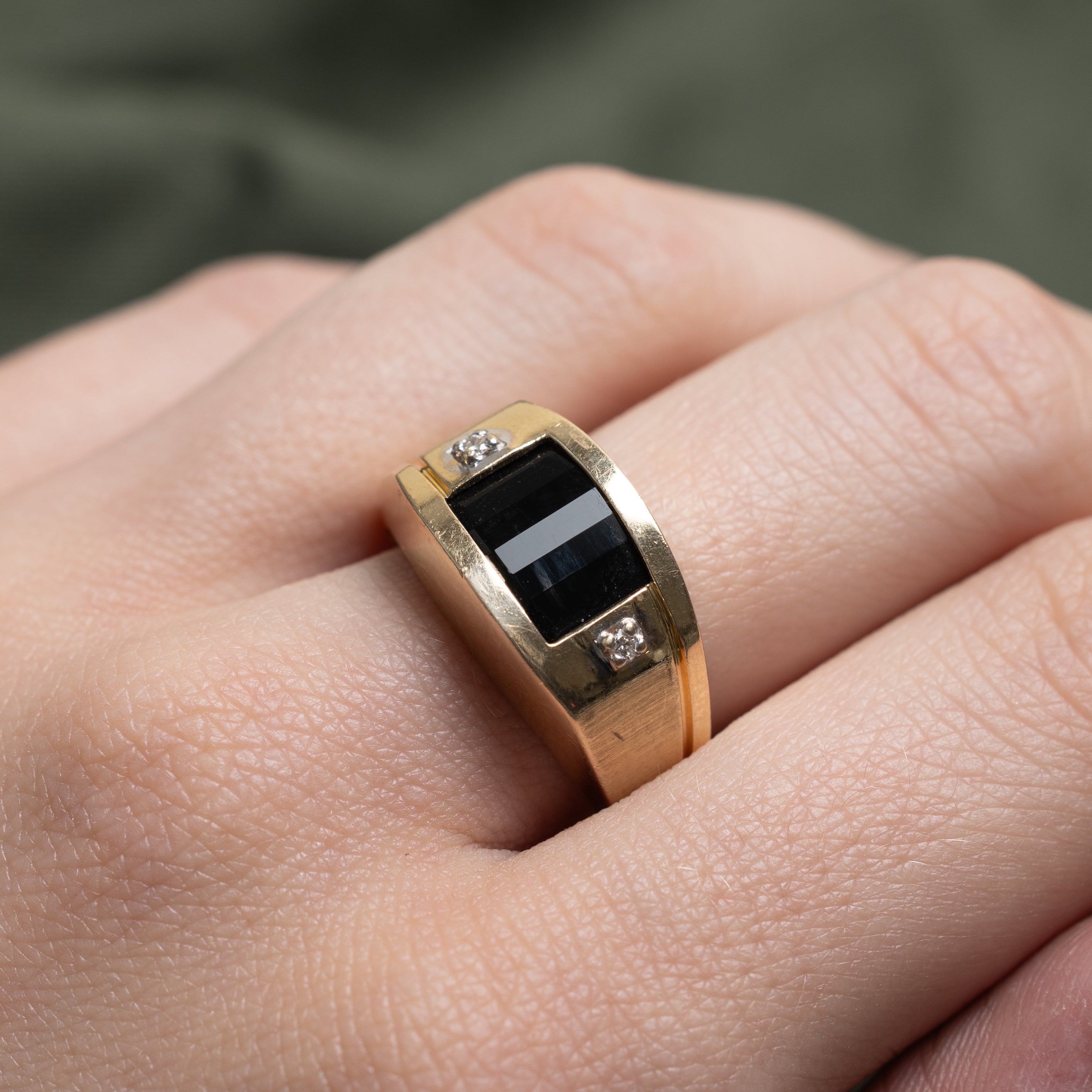 Rectangle Onyx & Diamond Grooved Ring | 1.69ct, 0.03ctw | SZ 8.25