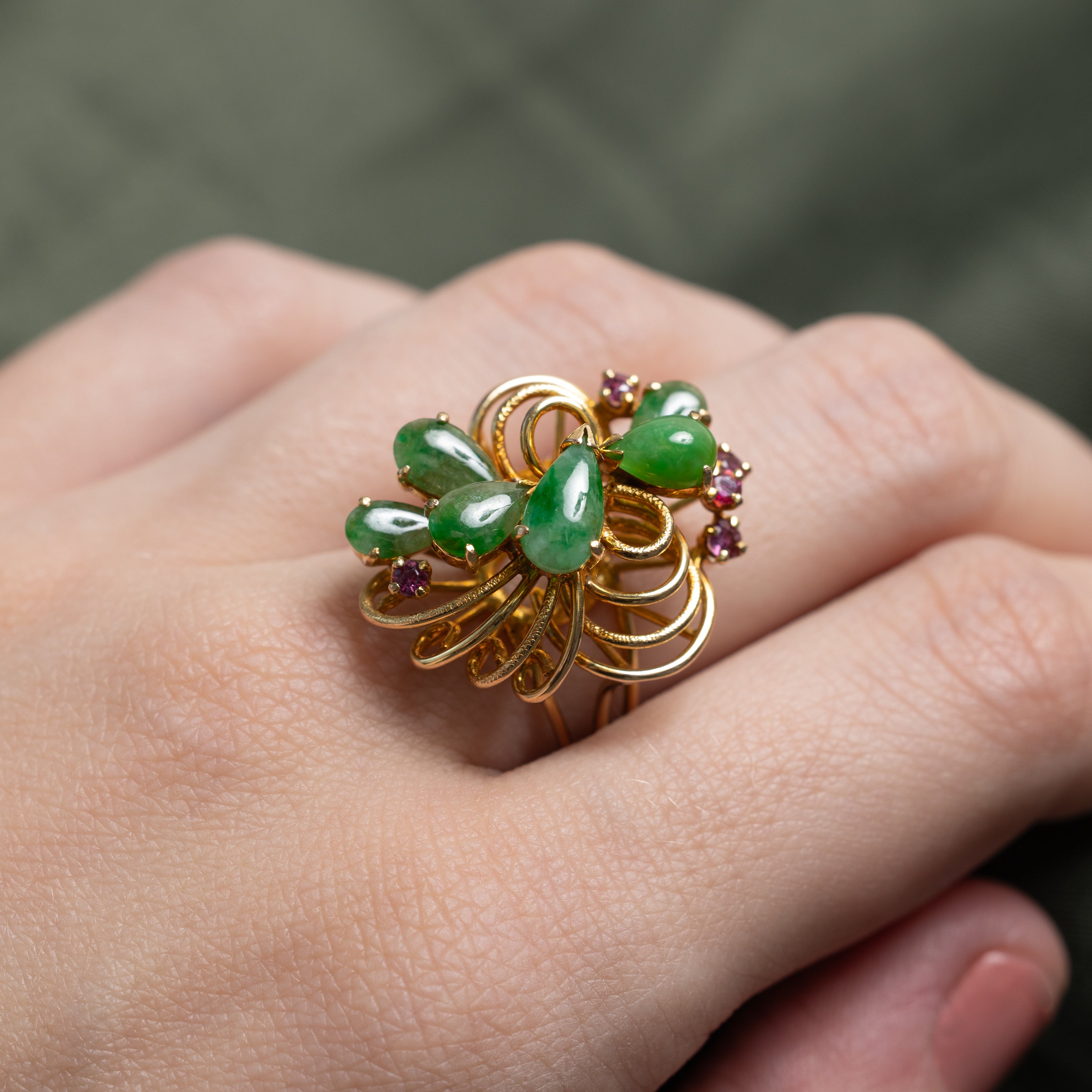 Cabochon Jadeite & Ruby Openwork Cocktail Ring | 2.36ctw, 0.21ctw | SZ 7.5