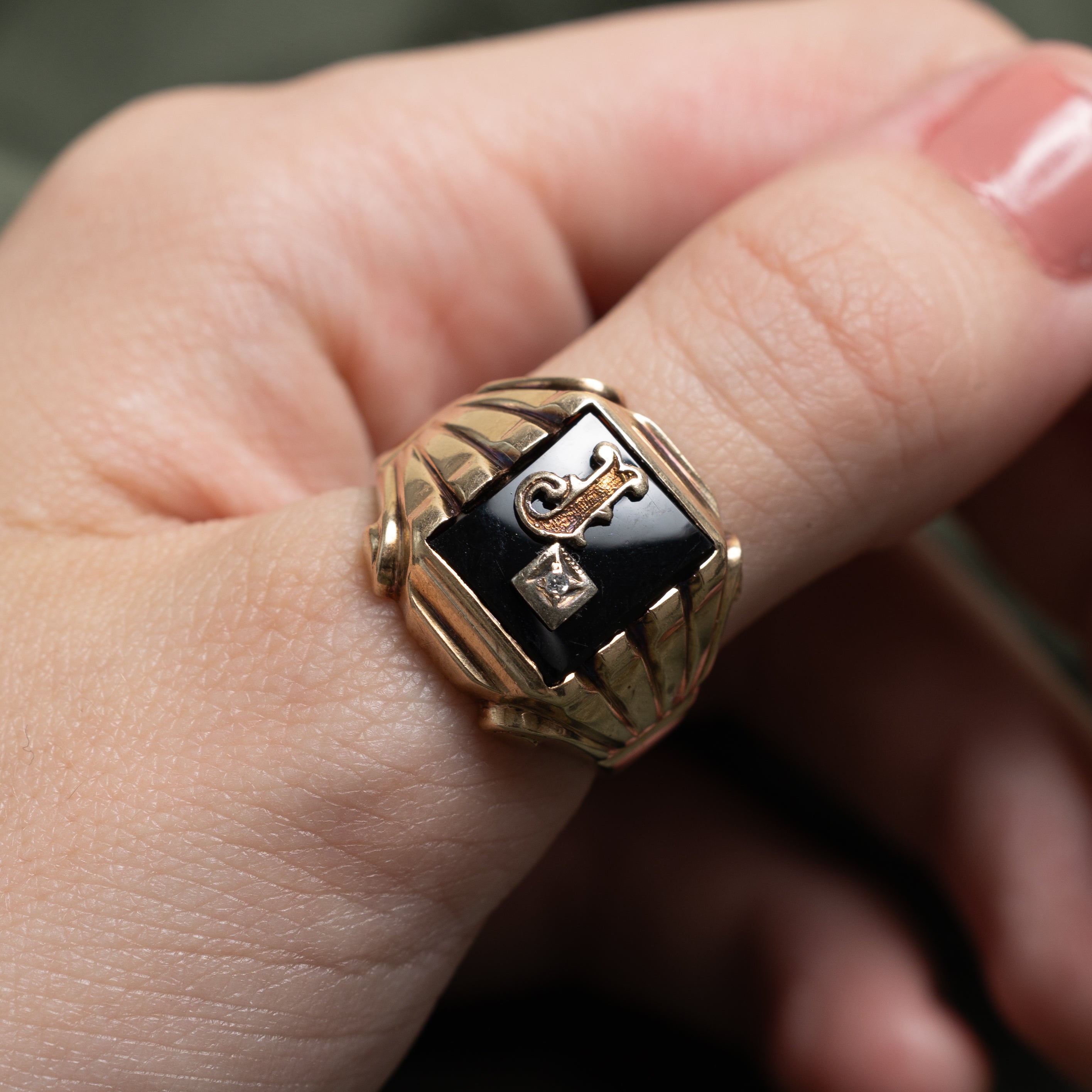 Onyx & Diamond "J" Initial Grooved Signet Ring | 2.27ct, 0.005ct | SZ 8.5