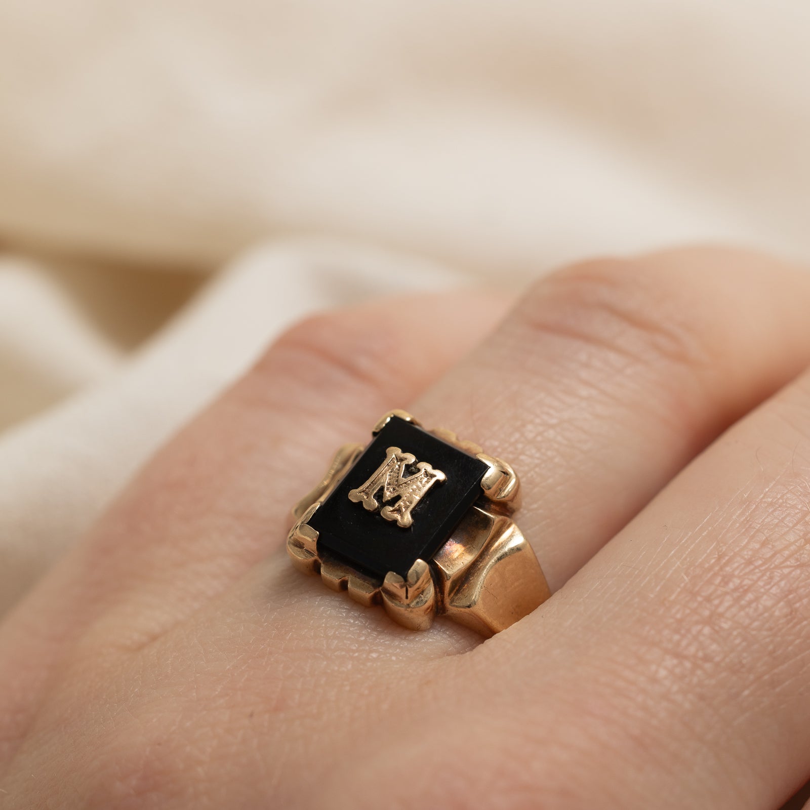 10K Onyx 'M' Initial Ring | 1.30ct | SZ 7