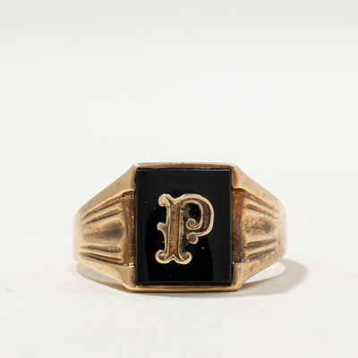 10K Onyx 'P' Initial Signet Ring | 1.70ct | SZ 11.75